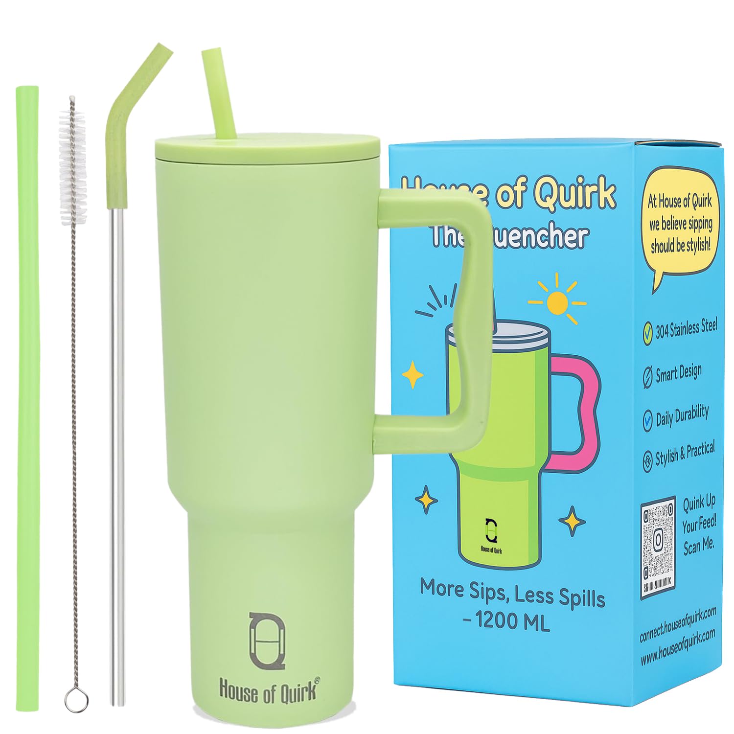 House of Quirk 1200ML Stainless Steel Tumbler with Handle & Lid, 2 Straws – Large Travel Mug Water Cup for Gym, Office & Outdoor Use (Green)