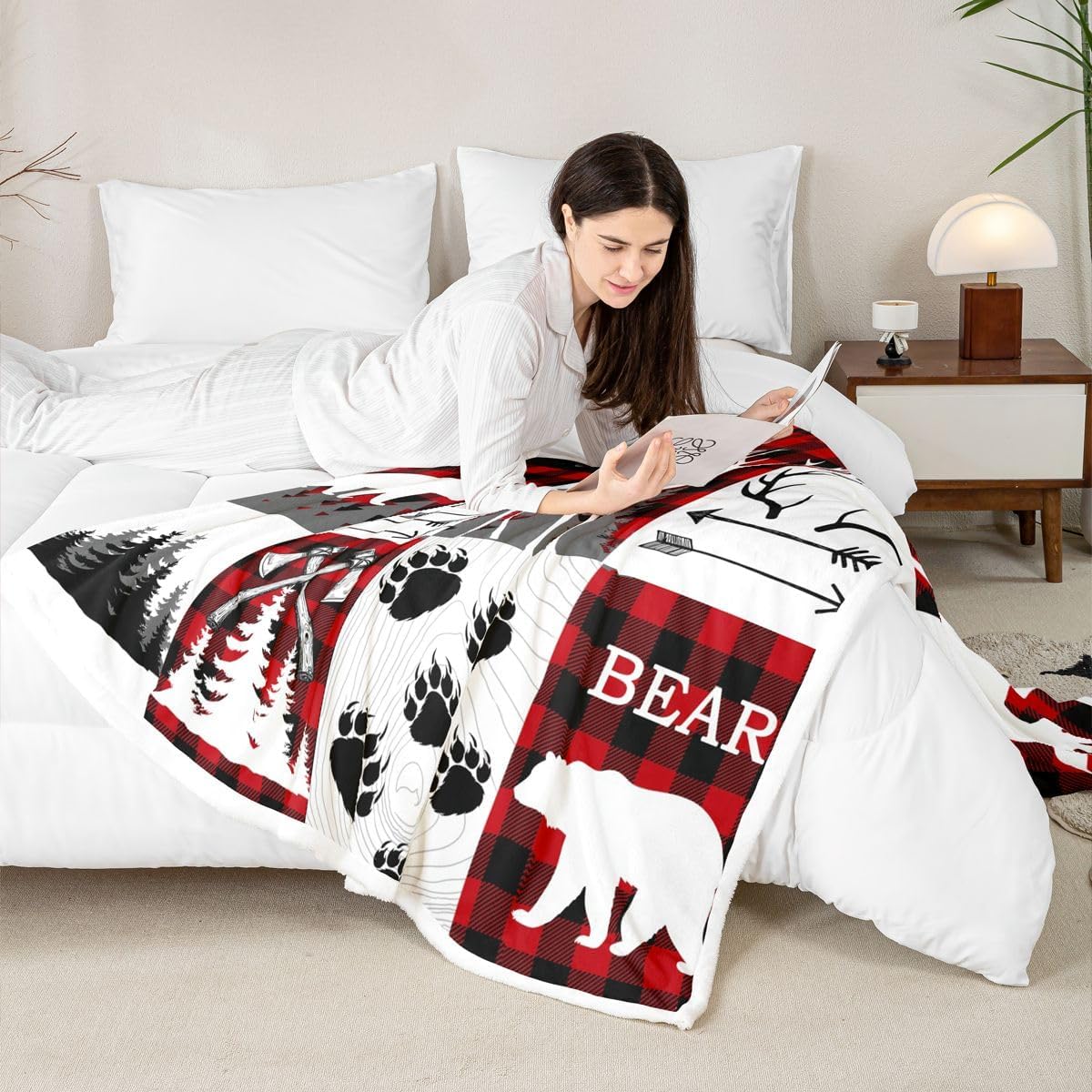 Erosebridal Rustic Animal Fleece Bed Blanket Twin 60"X80",Hunting Bear Deer Throw Blankets for Kids Boys Men Green Black Plaid Check Cabin Sherpa Blanket,Farmhouse Wooden Wildlife Flannel Blanket