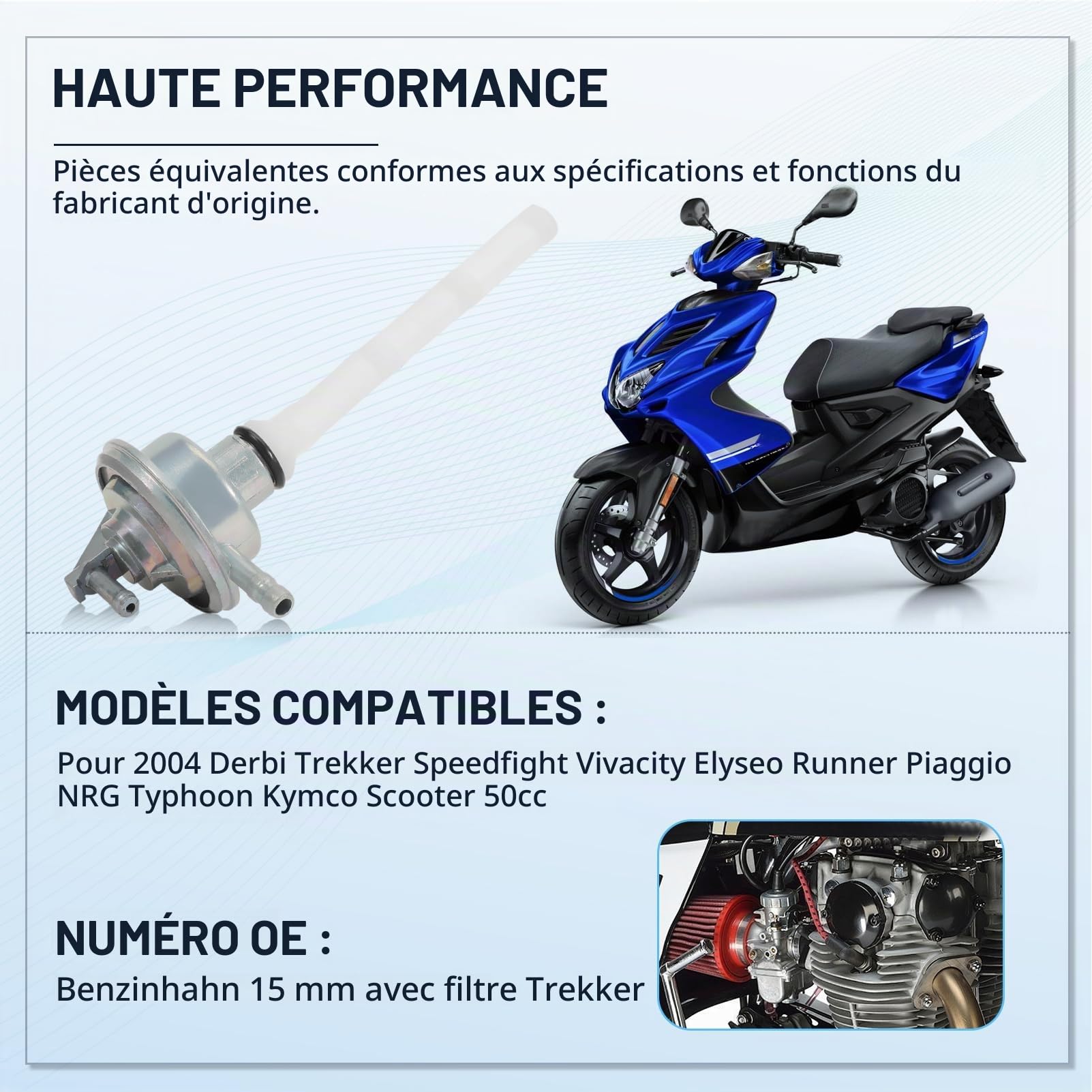 Robinet d'essence 15mm avec filtre pour MBK Nitro Derbi Peugeot Trekker Speedfight Vivacity Elyseo Runner Piaggio NRG Typhoon Kymco 2004 Robinet d'essence à dépression réservoir carburateur