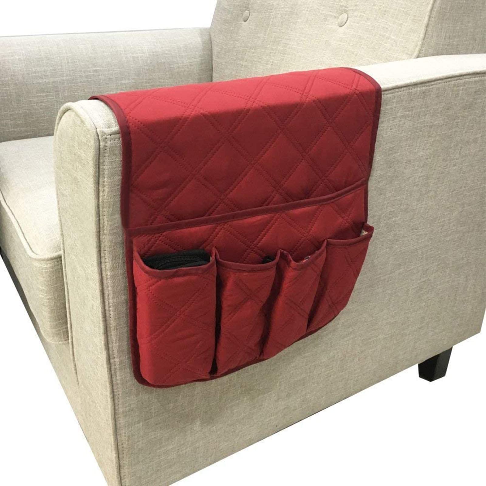 Sofa-Armlehnen-Organizer für Liegecouch mit 5 Taschen, Sessel für Tablets, Telefone, Bücher, Zeitschriften, Emotes – 2 Packungen,Rot