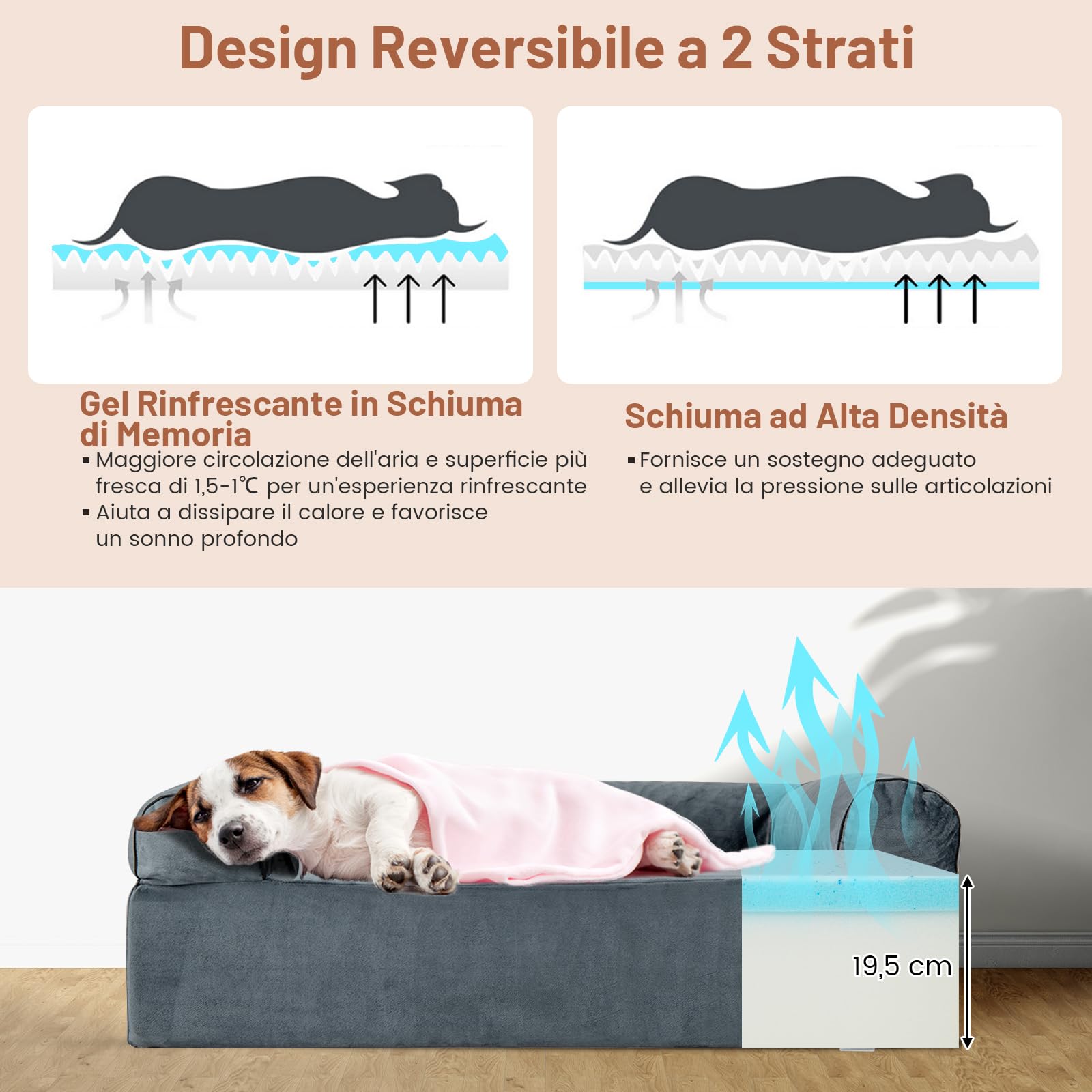 COSTWAY Letto Ortopedico per Cani, Cuccia per Animali in Schiuma di Memoria con Poggiatesta, Copertura Rimovibile e Fondo Antiscivolo per Cani Anziani, 102 x 82 x 30,5 cm