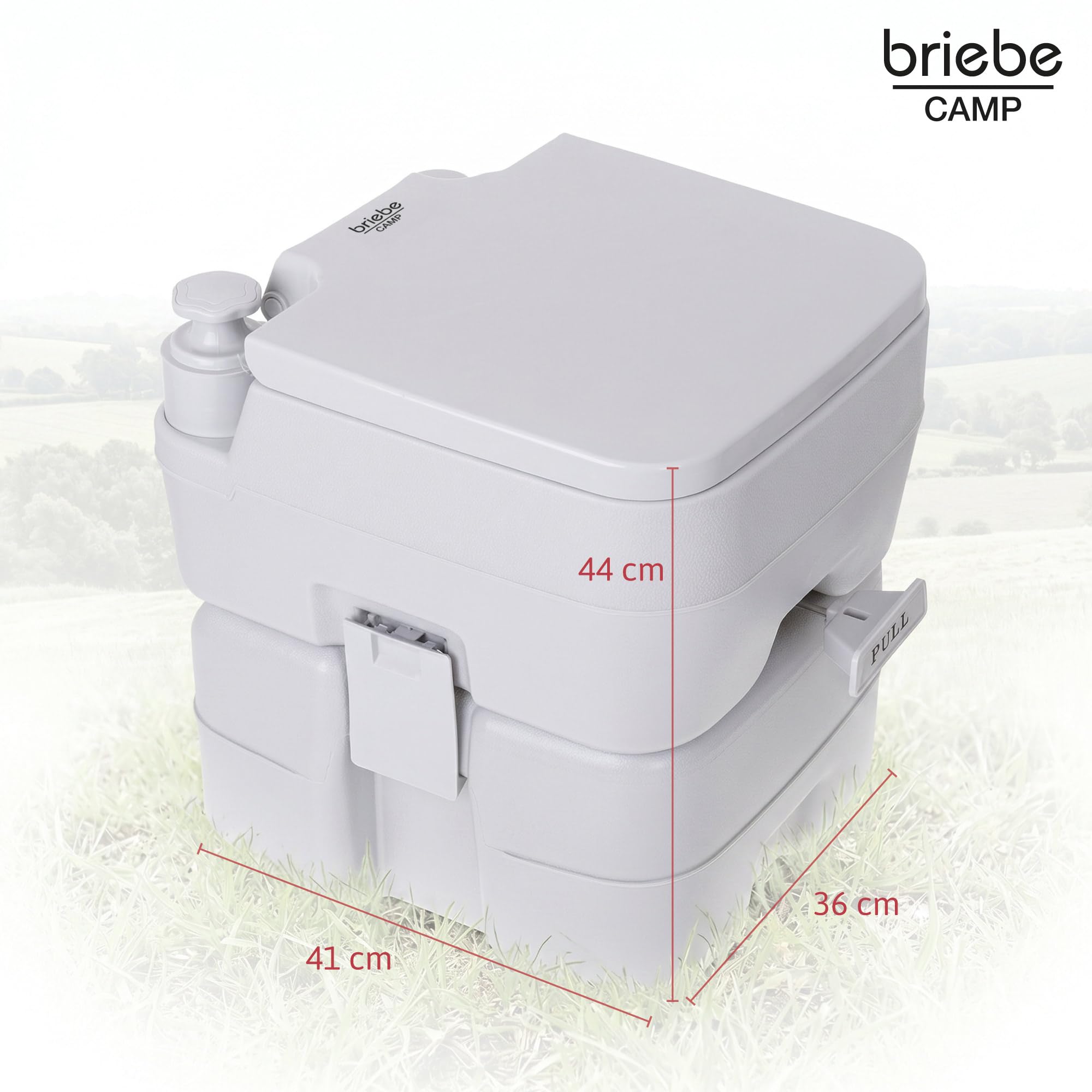 briebe Camp WC Inodoro Portátil Químico Adultos Potty 20L Camping, Camper, Auto Caravana, Water con Descarga Agua 12L, Válvula Drenaje contra Fugas, WC1113