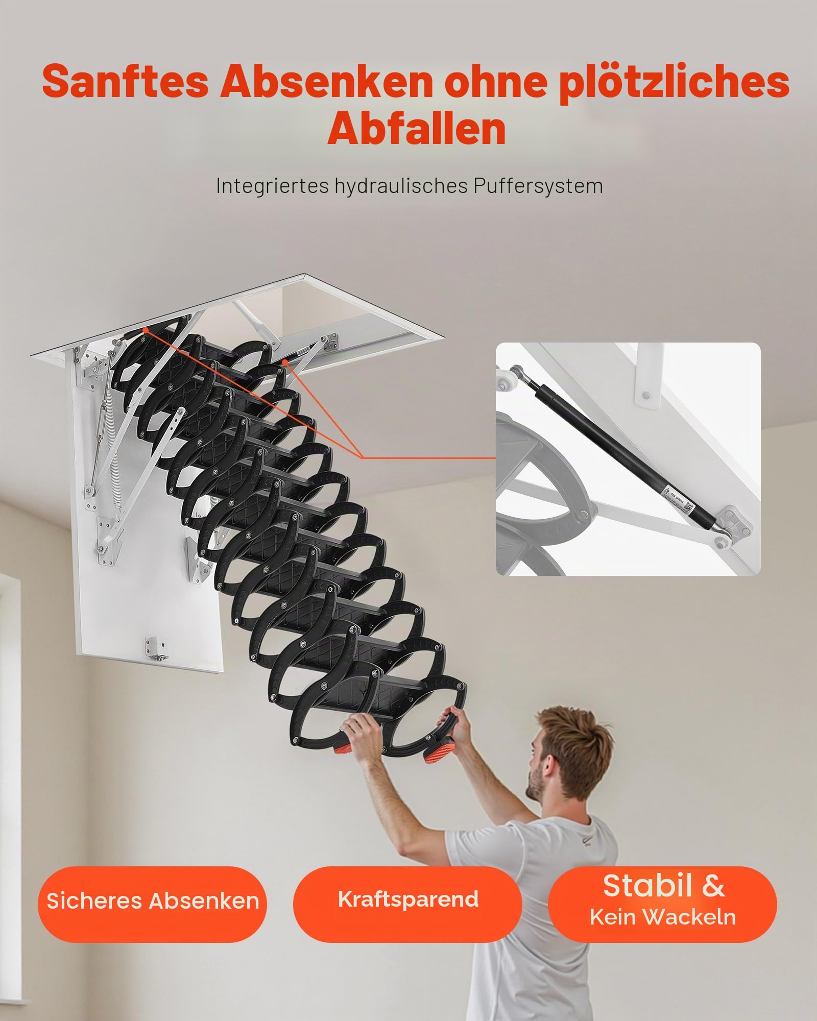 VEVOR Dachbodenleiter, Tragkraft 299,4 kg, passend für Deckenhöhen von 3,2-3,35 m und Öffnungsgröße von 1000,76x698,5 mm, ausziehbare Deckentreppe aus legiertem Stahl mit Zugstange für Dachboden