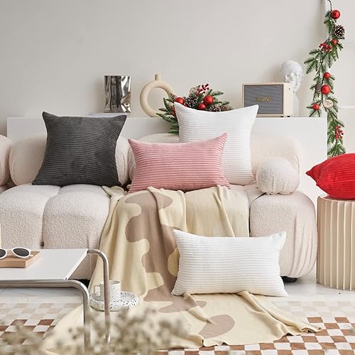 Miniatura 7 de Demetex Juego de 2 fundas de almohada de pana a rayas rosas de 18 x 18 pulgadas, fundas de almohada cuadradas decorativas para sofá, dormitorio,