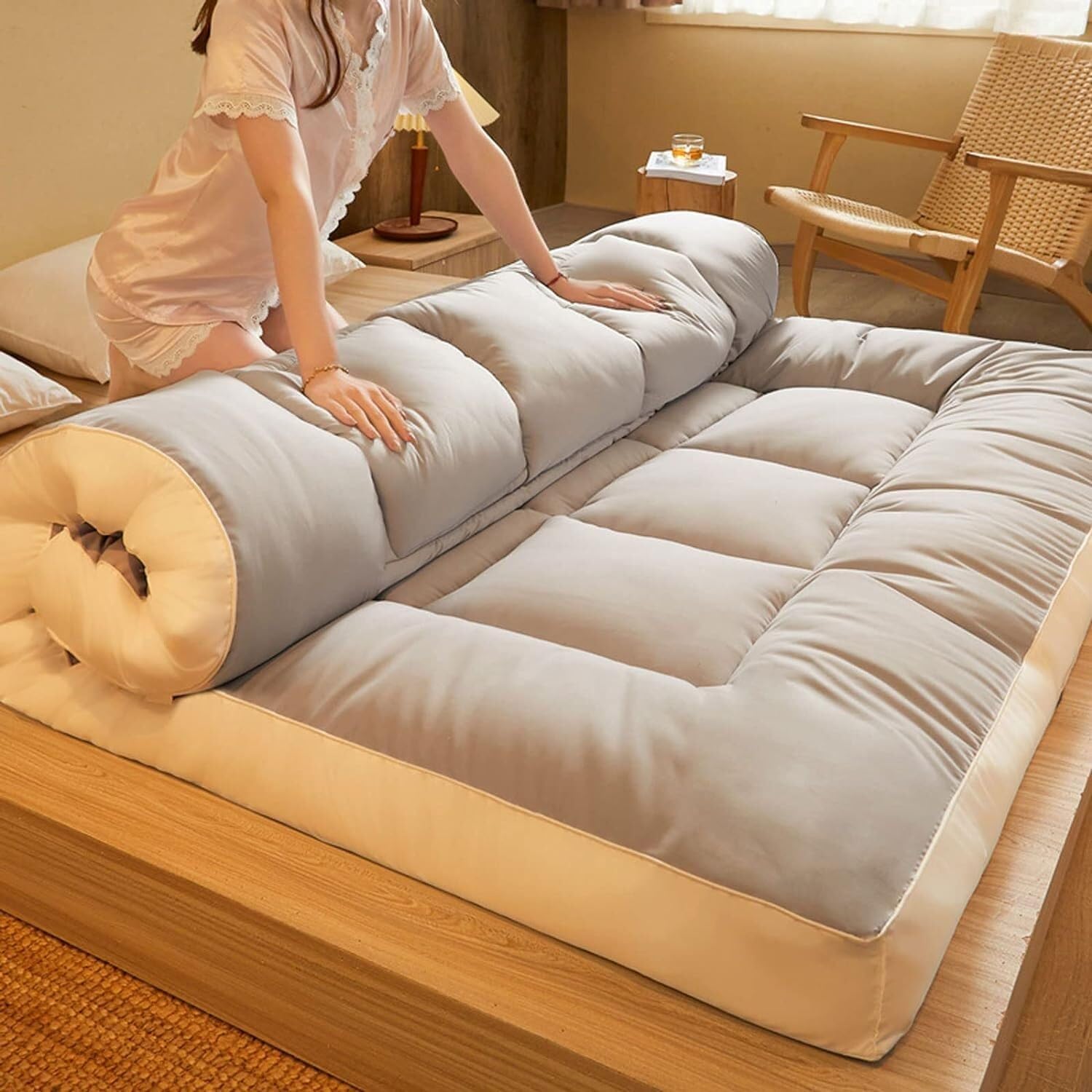 Generic Materasso Tatami Futon Giapponese Pieghevole 140x200, Materasso Futon in Cotone Singolo Arrotolabile Tappetino Tatami 180x200cm, Beige, Medio