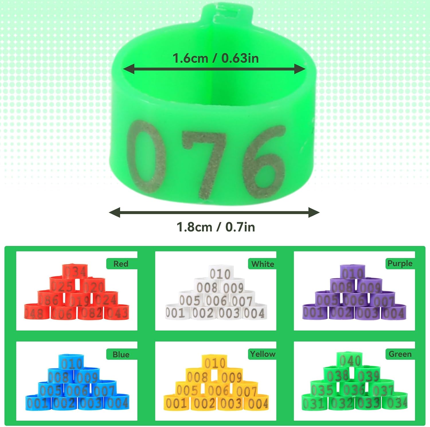 100PCS Chicken Leg Bands, 001-100 Numbered Colorful Chicken Birds Poultry Identification Leg Bands Bird Leg Bands for Pigeons Ducks Quail Goose Gamefowl Turkey(Green) image 3