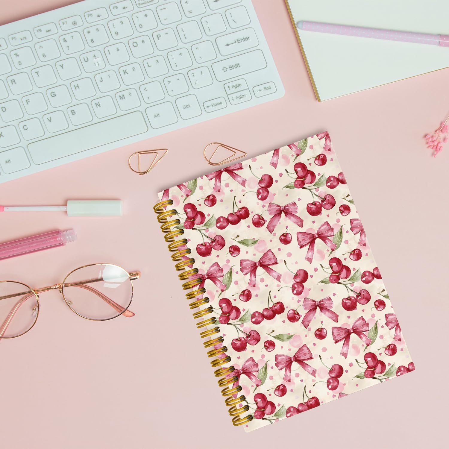 Coquette Pink Bow Cherry Spiral Notebook for Women Girls, Vintage Journaling Notebooks, Cute Pink Notebook Journal, Pink Office Supplies, Hardcover Spiral Lined Notebook 5.5 x 8.3 - Image 4