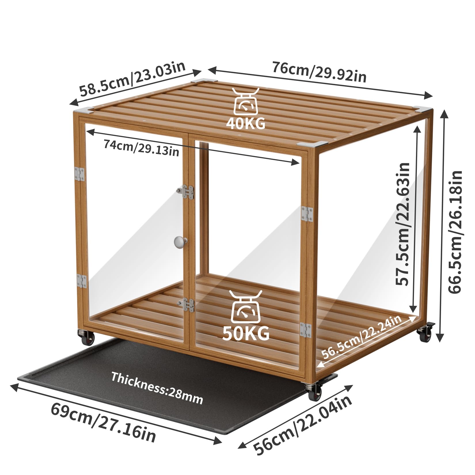 Meuble Cage Chien Intérieur Transparent: 76x58.5x66.5cm Caisse pour Petit Chien en Verre Trempé avec Cadre en Alliage d'Aluminium sur Roulette - Cages Chiens avec 3 Porte et Plateau Amovible