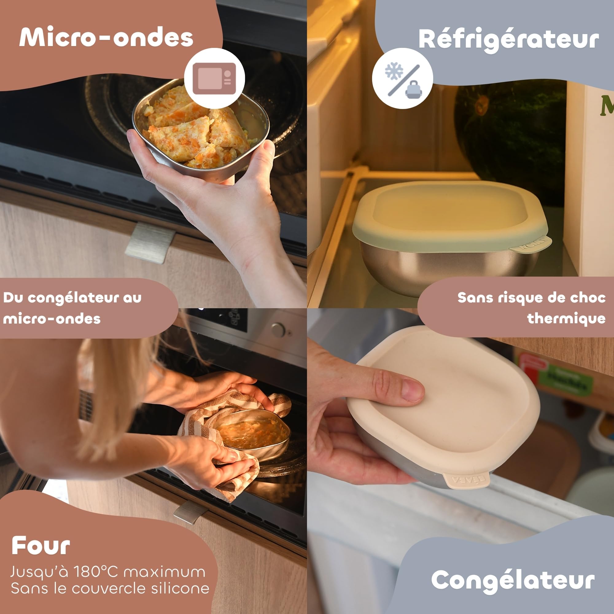 BÉABA, Lot 3 Pots Repas Bébé Inox, Portions Évolutives Purées & Goûters, Hermétiques, Incassables, Micro-ondes & Congélateur, Sans BPA, Sans Odeur, Boîtes de Conservation Durables, 250 mL, Natural Set