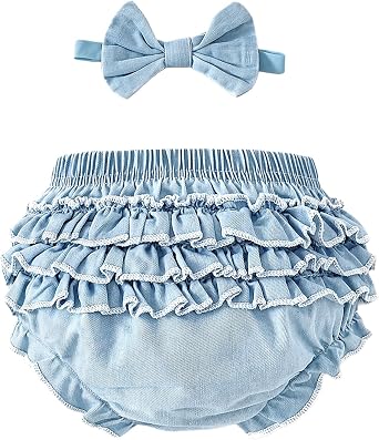 SOBOWO Baby Girl Denim Bloomers Ruffle Diaper Cover Shorts Headband 6M-3T