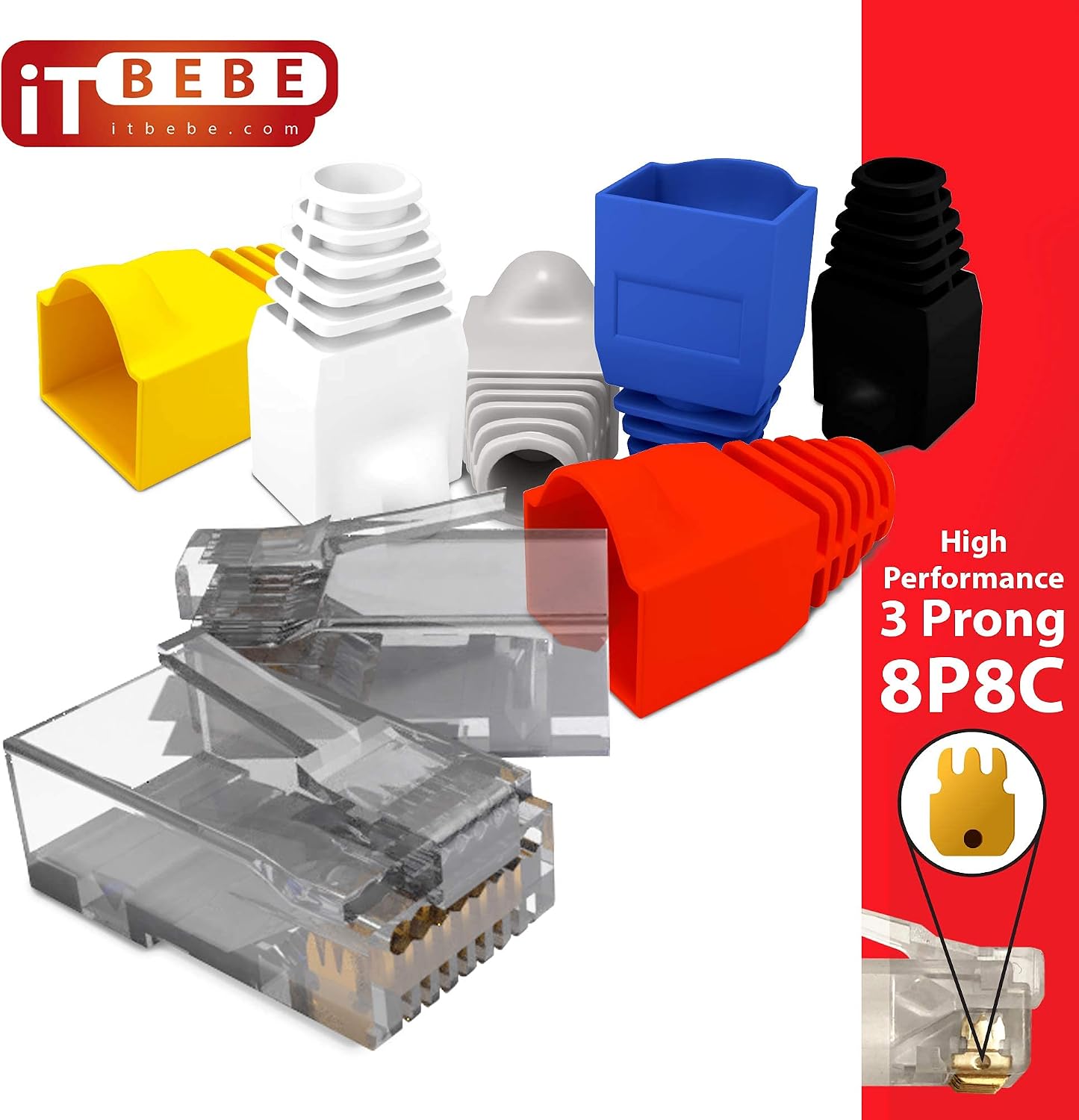ITBEBE 100 Pieces RJ45 Cat5, Cat5e Pass Through connectors and 100 Pieces Red Strain Relief Boots for 24 AWG Cables