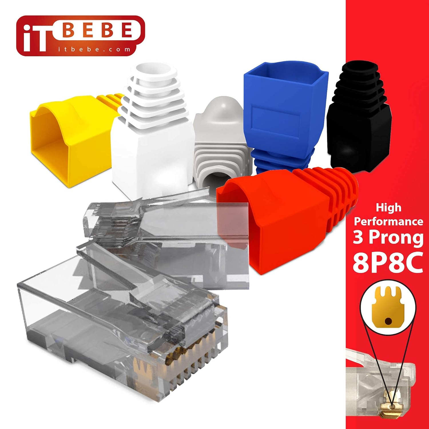 Promo 40% OFF ITBEBE 100 Pieces RJ45 Cat5, Cat5e Pass Through connectors and 100 Pieces Black Strain Relief Boots for 24 AWG Cables