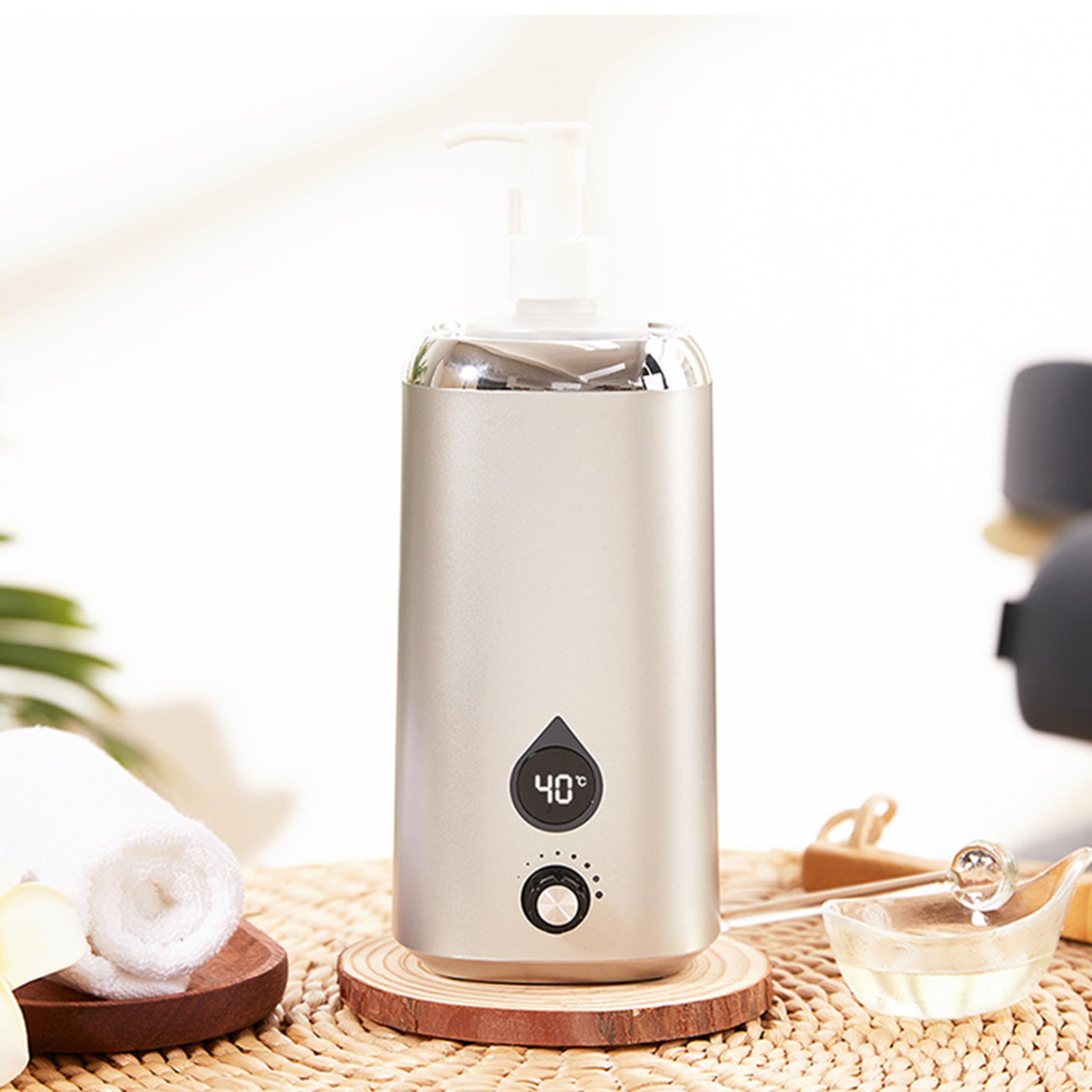Elitzia Podgrzewacz oleju do masażu, kontrola rotacji, balsam cieplejszy, wyświetlacz temperatury, regulowana temperatura 40°C-60°C, z plastikowymi butelkami z pompką, podgrzewany dozownik balsamu do