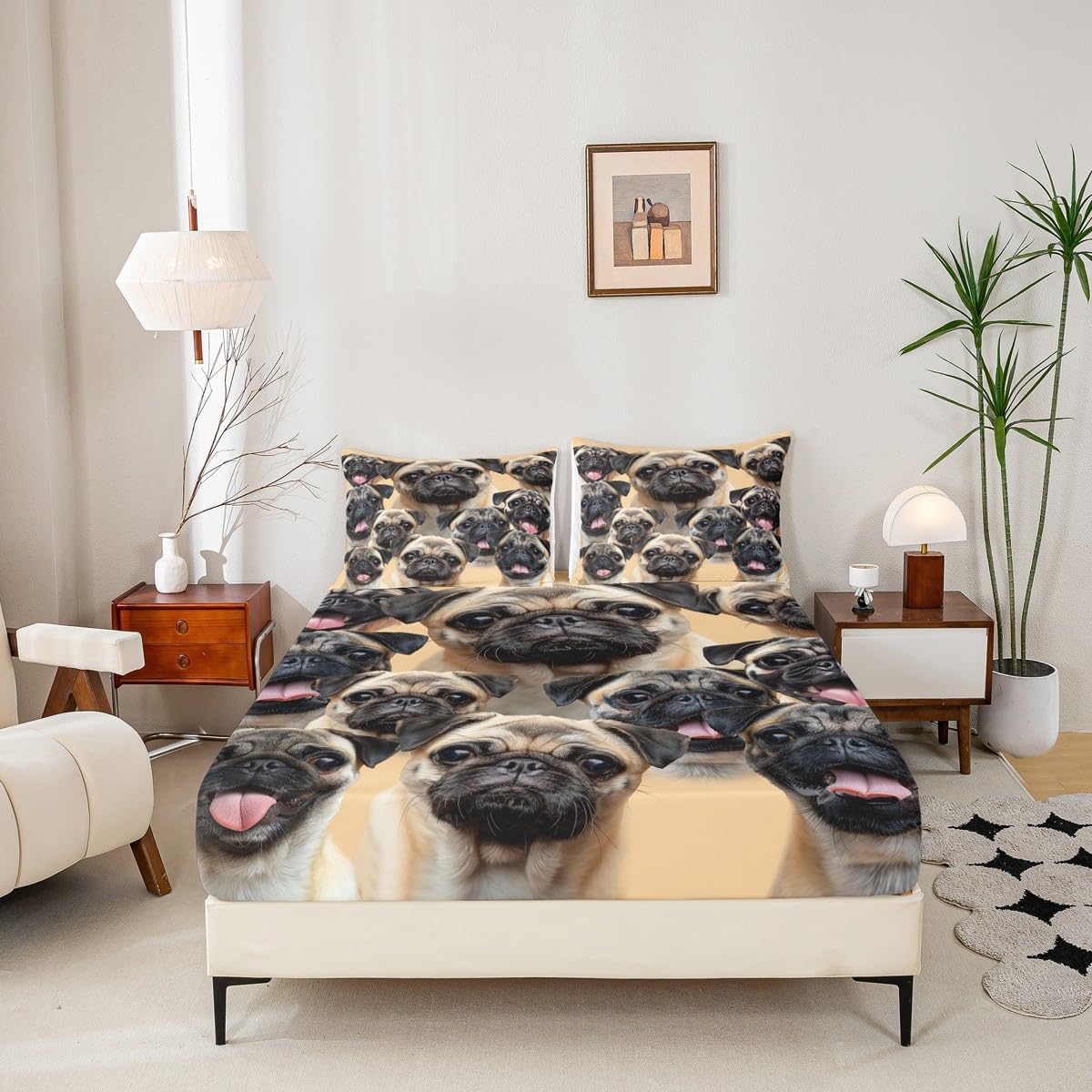Castle Fairy Pug Dog Bedding Sheet Set Queen Size for Kids Teen Bedroom Decorations, Cute Brown Puppy Print Deep Pocket with 2 Pillow Shams, Kawaii Animal Theme Fitted Sheet for Festival Gift
