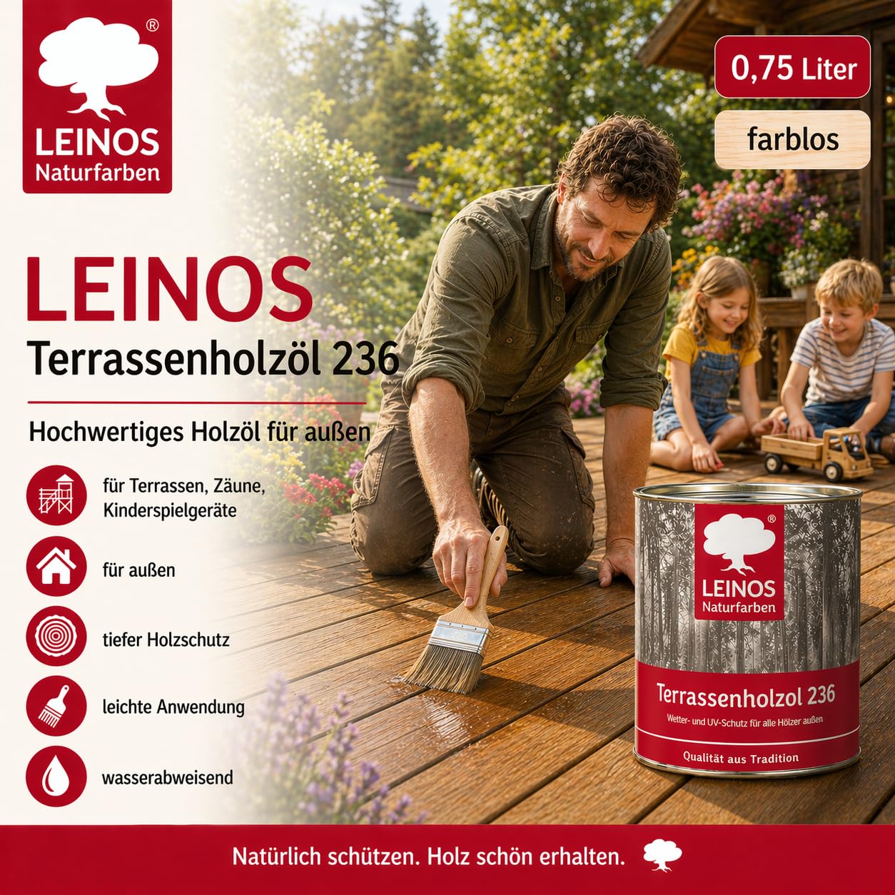Leinos 236 naturalny olej do drewna na zewnątrz 002 bezbarwny 0,75 l