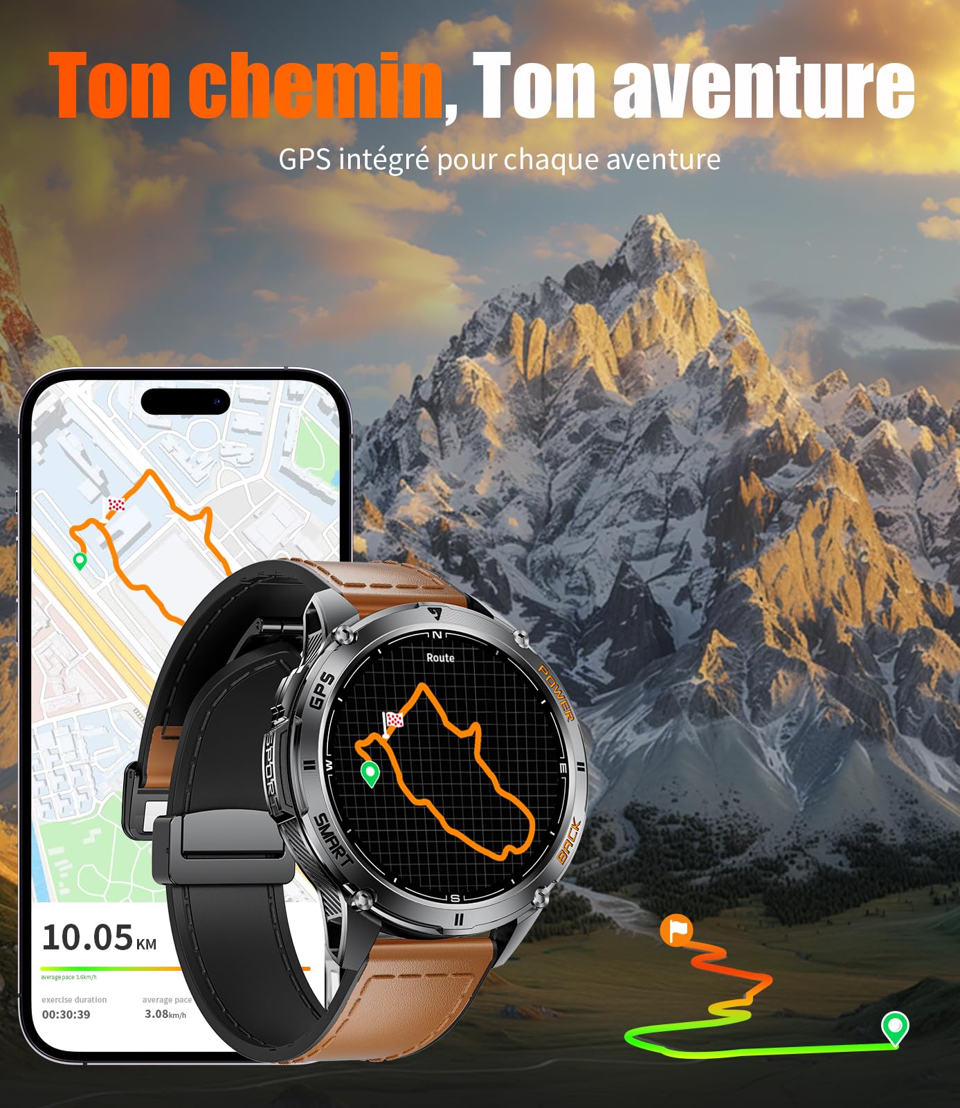 LIGE GPS Montre Connectée Homme avec Appel Bluetooth, 1.43"AMOLED Montre Podometre avec Lampe Poche LED, Batterie 530mAh/110+modes Sportifs/Suivi de la santé/Baromètre/Boussole/Altimètre, Android iOS