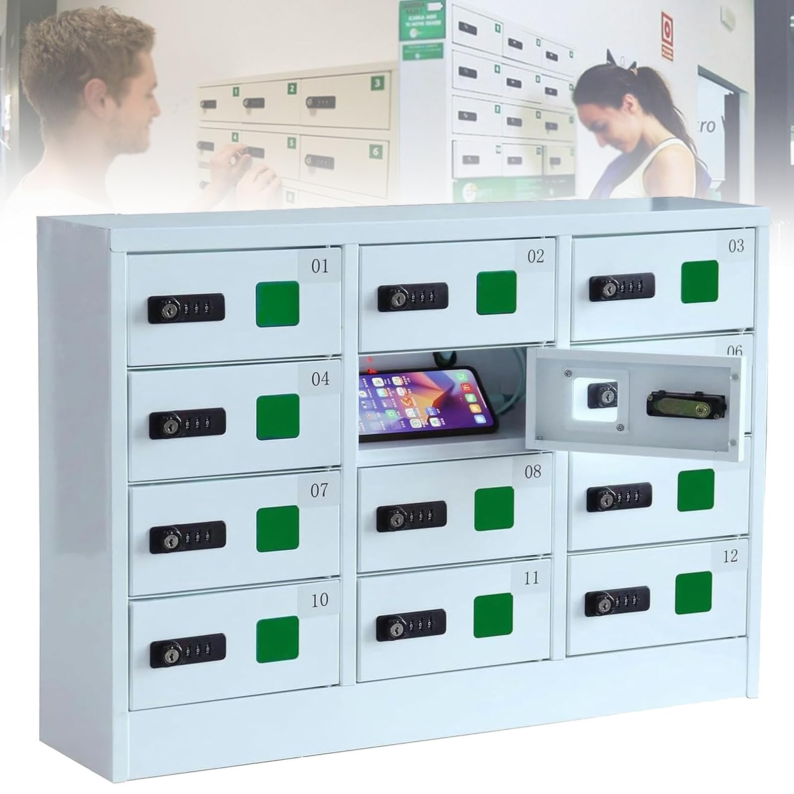 JozyJul 12 Slot Cellphone Charging Station,Cell Phone Locker,Cellphone Charging Cabinet with 3 in 1 Charging Cable Combination Lock QC3.0 Fast Charging for Office Classroom
