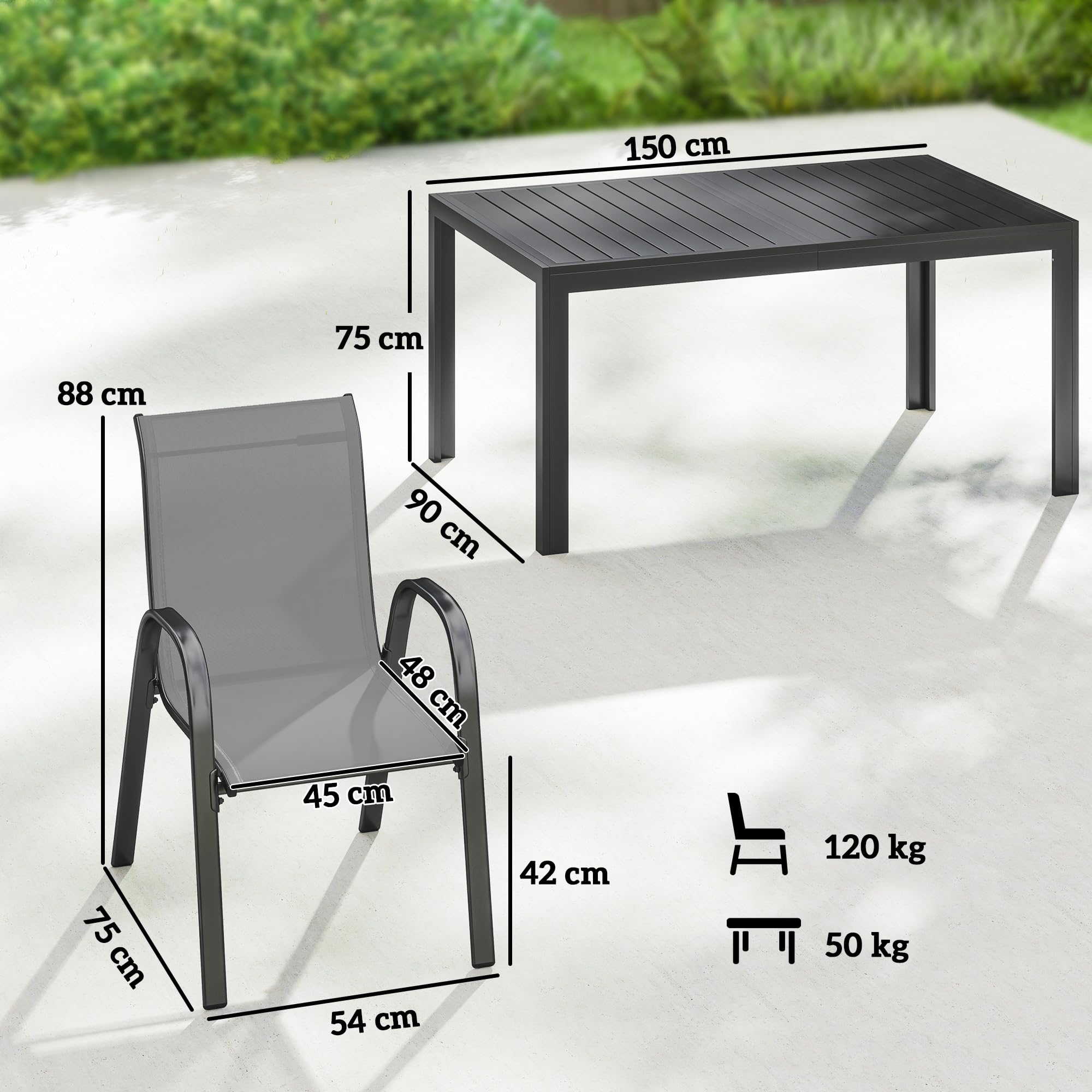 Outsunny Salon de Jardin extérieur 7 pièces, Table de Jardin extérieure avec 6 chaises empilables, Plateau à Lattes 150 cm, Structure en Acier Anti-Rouille, mobilier de Jardin, terrasse, Gris Clair