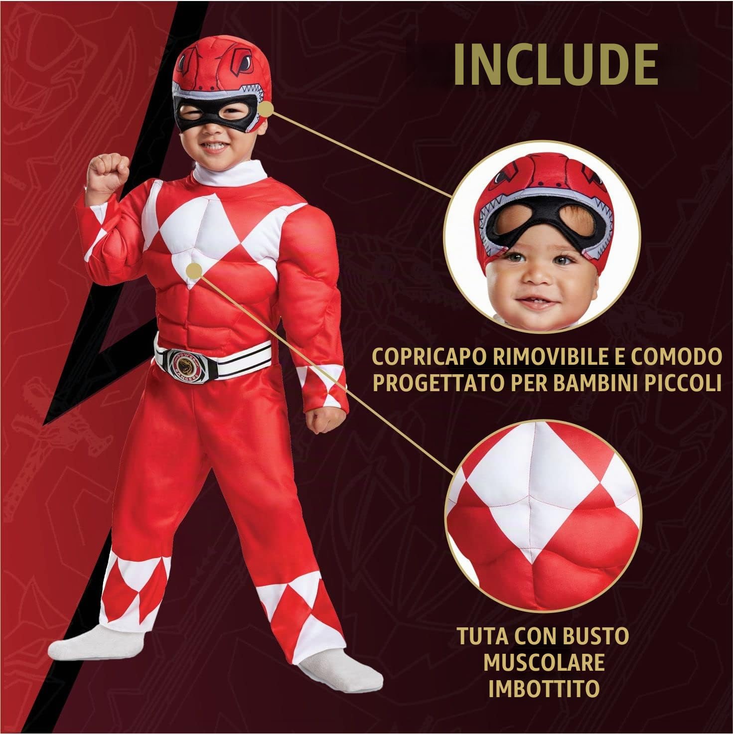 Disguise Costume Power Ranger Rosso Bambini, Vestito Muscoloso Carnevale Power Ranger, Costumi Di Carnevale Per Bambini Taglia XS (3-4 anni)
