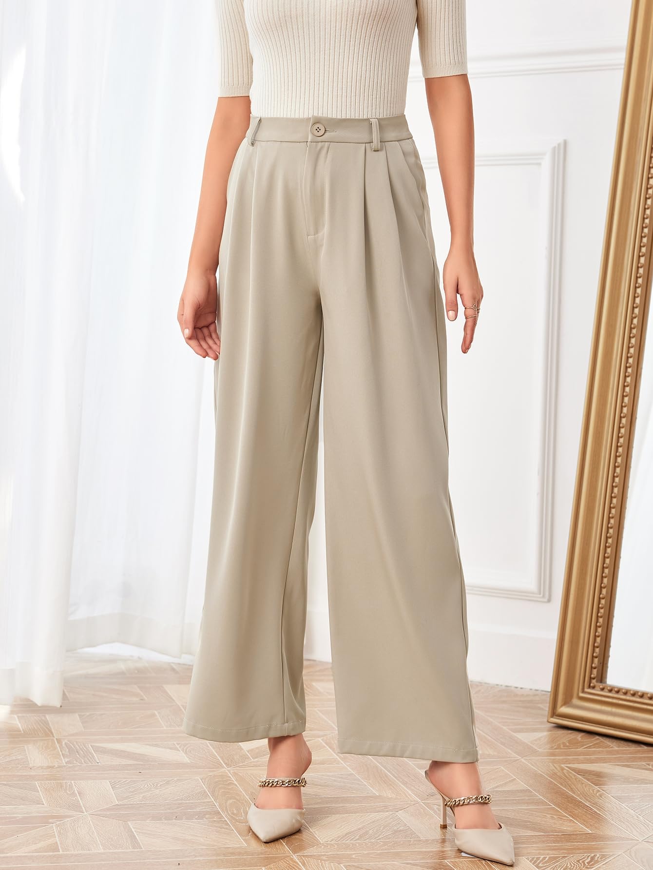 SweatyRocks Women's Casual Wide Leg High Waisted Button Down Straight Long Trousers Pants