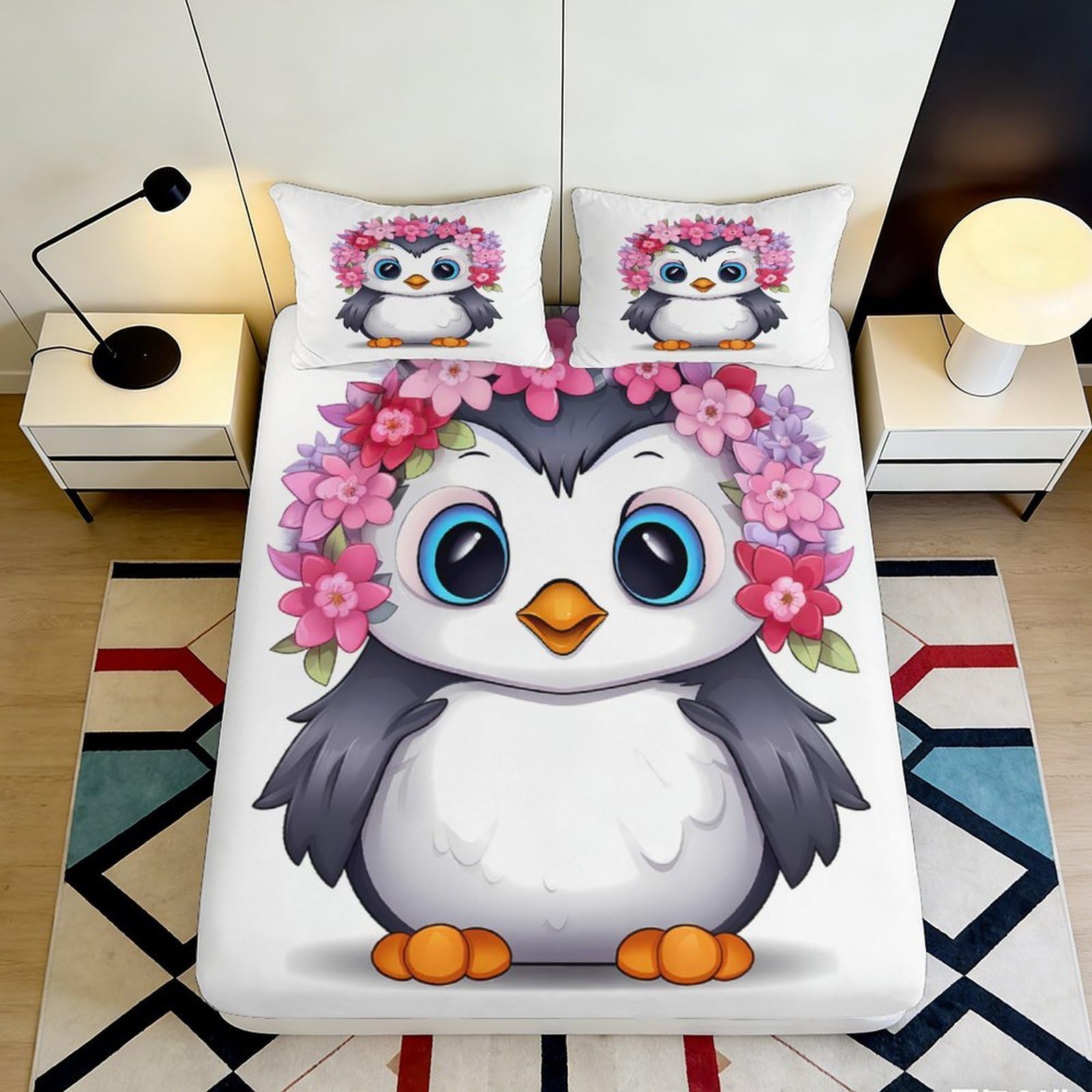 3D Printed Cute Penguin Floral Microfiber Fitted Sheet Soft Breathable Cartoon Animal Bed Cover for Bedroom Dormitory Guest Room Mattress Protection 120x200x25cm