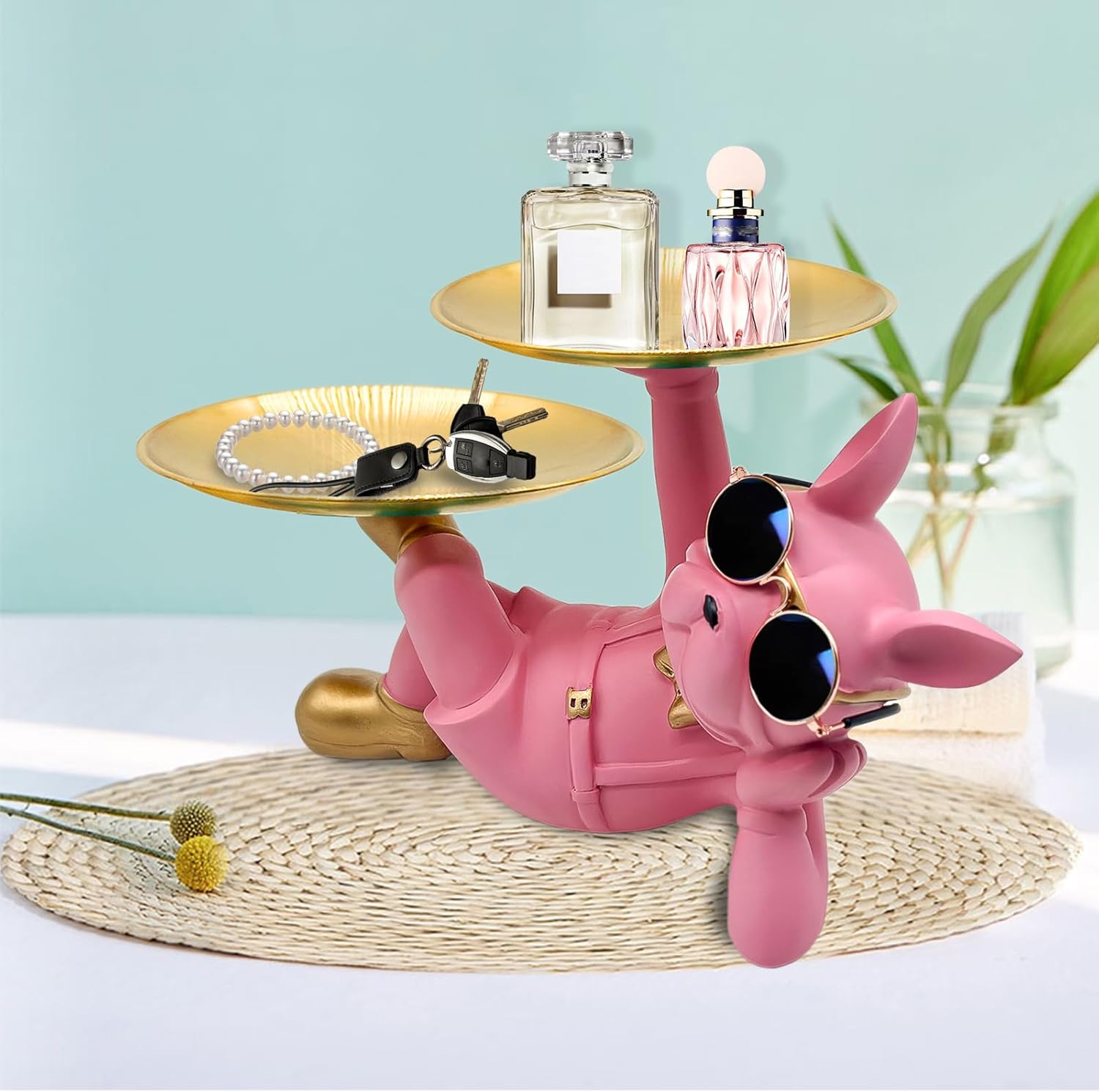 Resin French Bulldog Tray Statue, Lying Bulldog Candy Dish Key Holder Bowl, French Bulldog Accessories, Statues for Office Desk Home Decor Figurines Entryway Table Decor (Pink) - Image 6