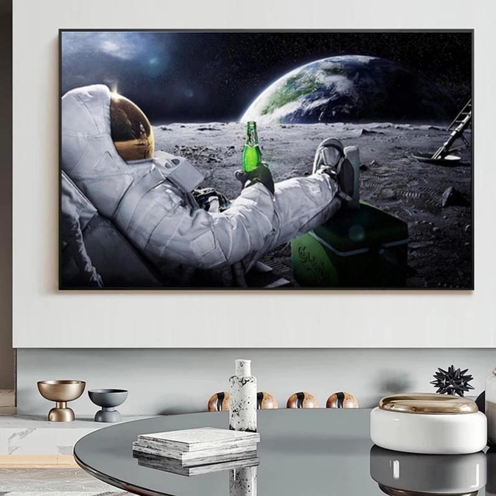 Yooyu Pintura sobre lienzo Cervezas modernas Espacio exterior Tierra Astronautas Luna Carteles Impresiones Arte de la pared Imágenes para la decoración de la sala de estar 80x120cm Sin marco