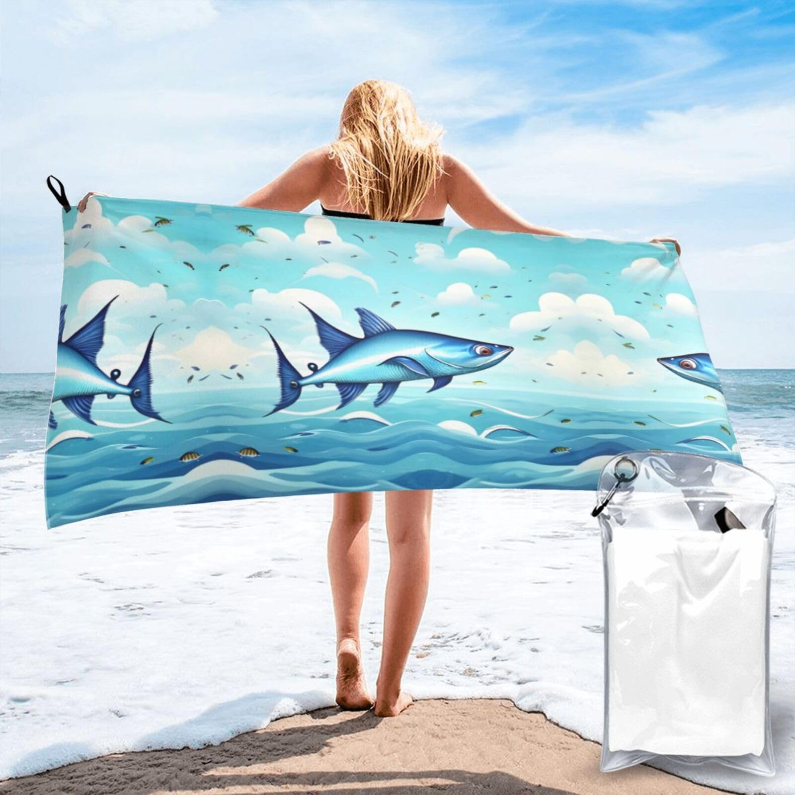 WYCZHY Flying Fish In The Oceans Print Beach Towel Soft Quick Dry For Spa Pool Gym Vacation Travelers Women Men Adults Sauna Gift