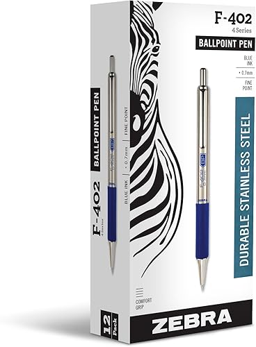 Bolígrafo retráctil de acero inoxidable 027 pulg azul paquete de 12 unidades F-402 29220 de Zebra Azul