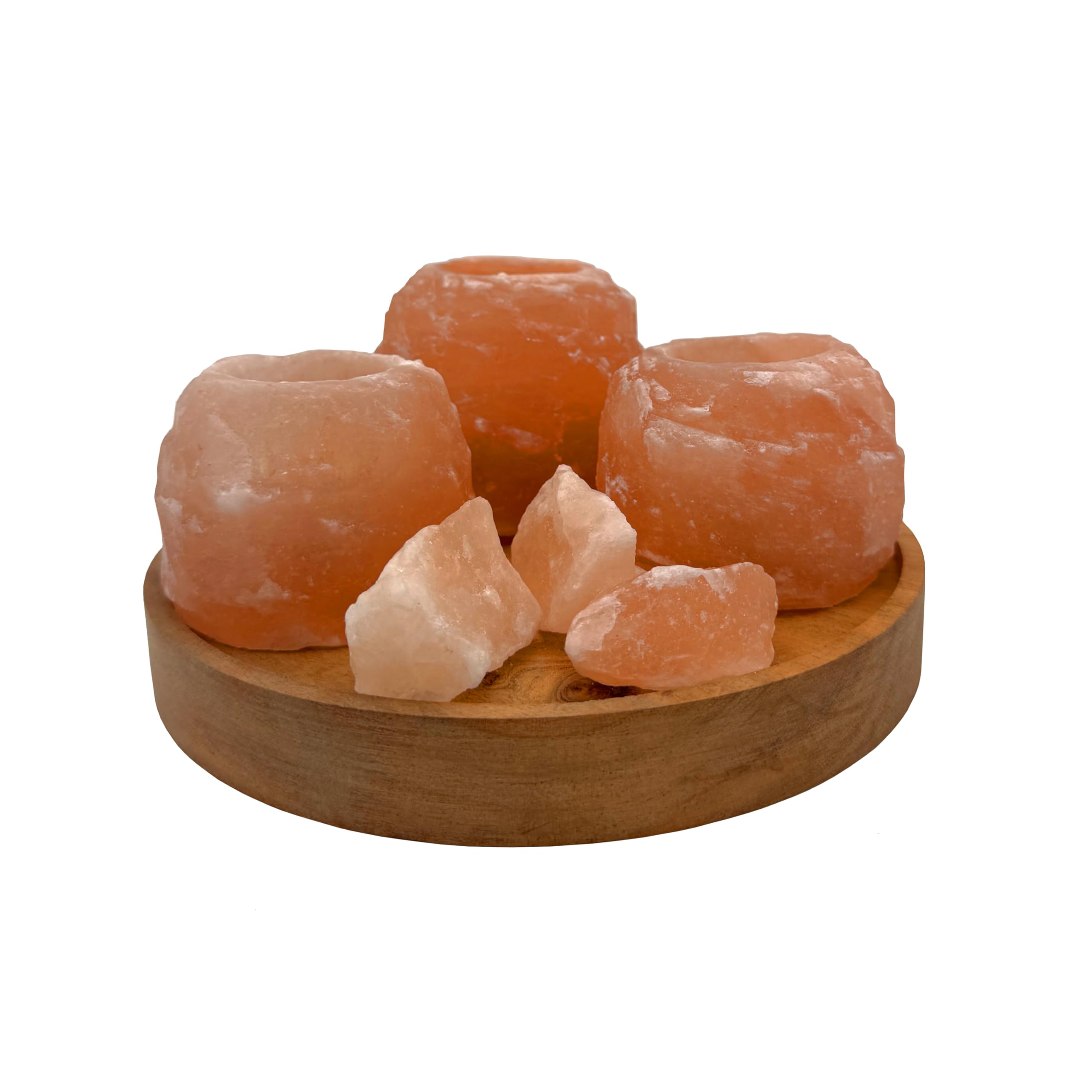 HAF Teelichthalter Set Rosa 3-teilig (2X ca. 400g & 1x ca. 700g) auf Holzplatte – Handgefertigte Kristallsalz Kerzenhalter für harmonisches Licht und Deko – ohne Teelichter