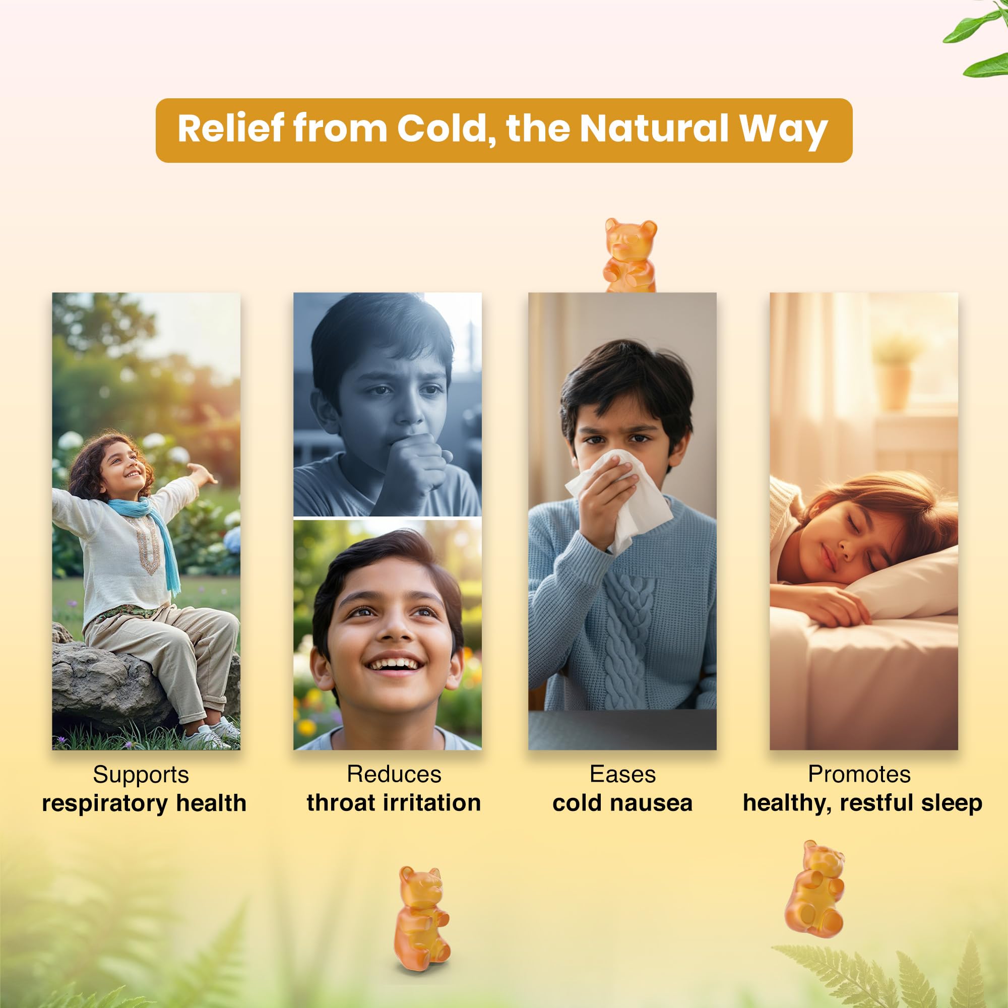 BabyOrgano Cough & Cold Relief Gummies for Kids 2-15 Years | Yashtimadhu, Turmeric & Ginger | Sore Throat & Congestion Support | Non-Drowsy, Gelatin & Gluten-Free | Honey Flavour | 30 Gummies 1