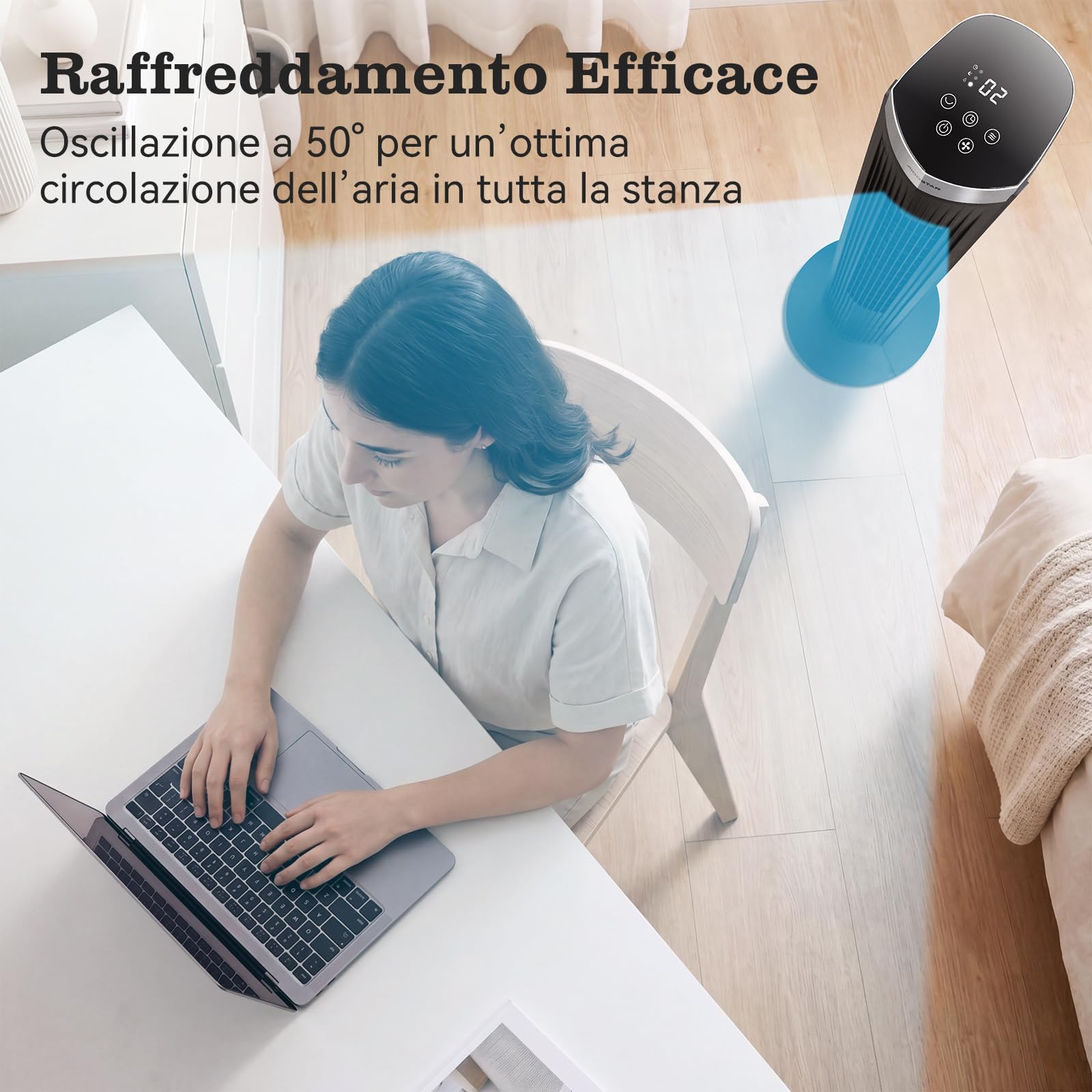 Aigostar Ventilatore a Torre Silenzioso con Telecomando e Timer 12H, 3 Modalità (Normale/Naturale/Sleep), 3 Velocità Regolabili, Oscillazione, LED Display, 28 dB, Portata Aria 1752m³/h, Nero *2