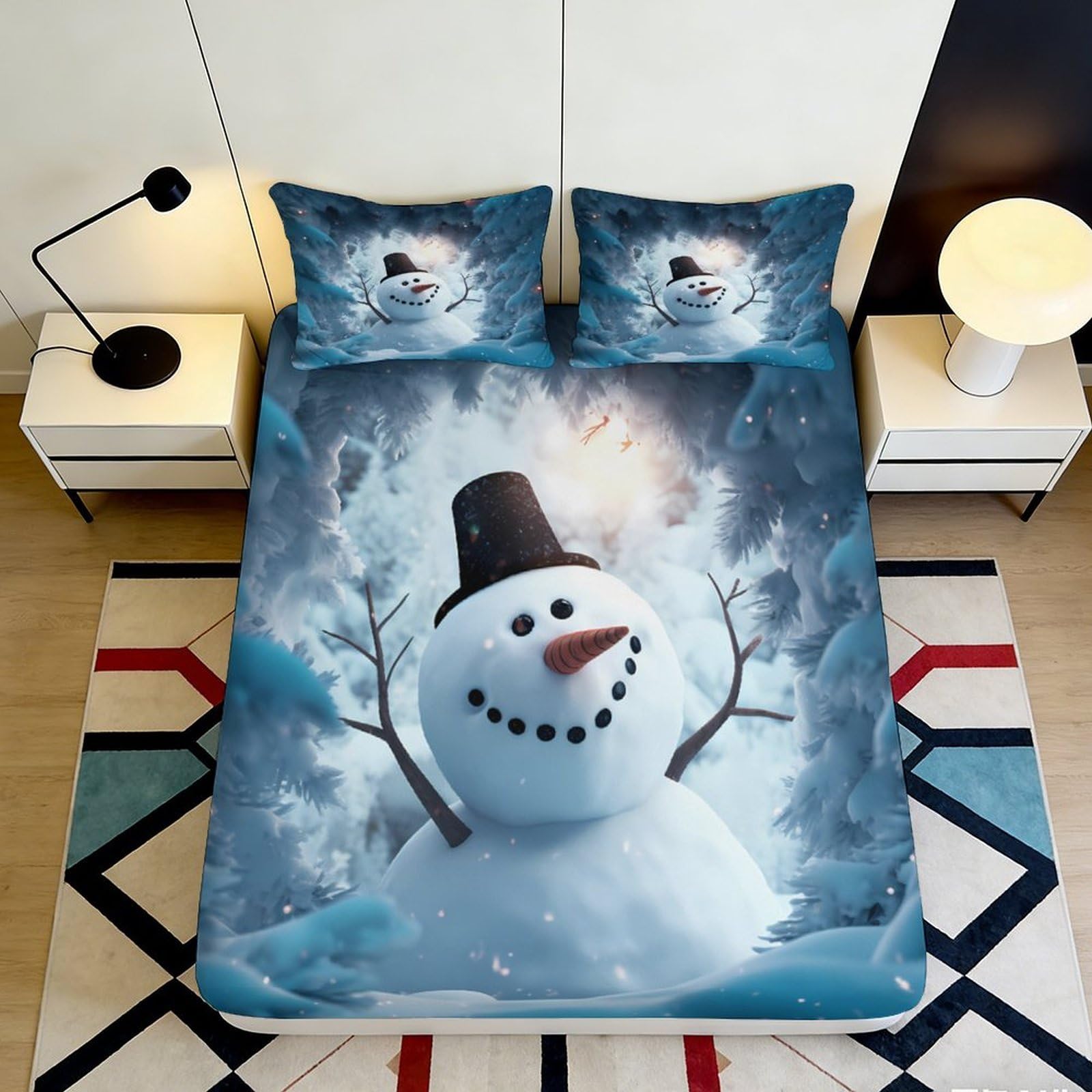 3D Printed Snowman Winter Forest Fitted Sheet Microfiber Soft Anti-Slip Bed Cover for Bedroom Dorm Mattress Decor 180x200x25cm