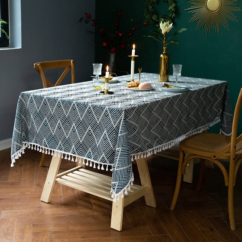 MiDuoHU Tablecloth Nordic style Rectangular Tablecloth Cotton Linen Wave Jacquard Washable Table cloth with Tassel Edge, for Home Kitchen Decoration(C,110x170cm)