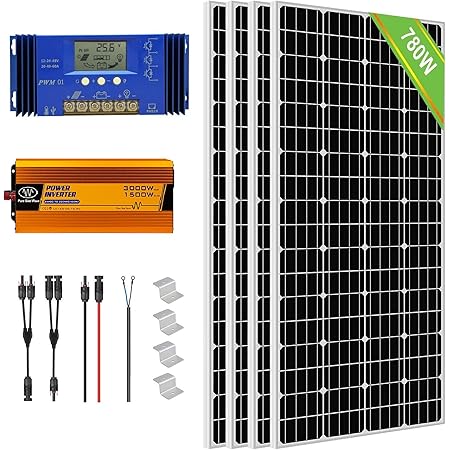 Amazon Eco Worthy ソーラーパネル発電自作キット 4個 195w 単結晶ソーラーパネル 1500w 24v 110vインバーター 60a Pwmチャージコントローラー 4個z字型 取付金具合 Diy 工具 ガーデン