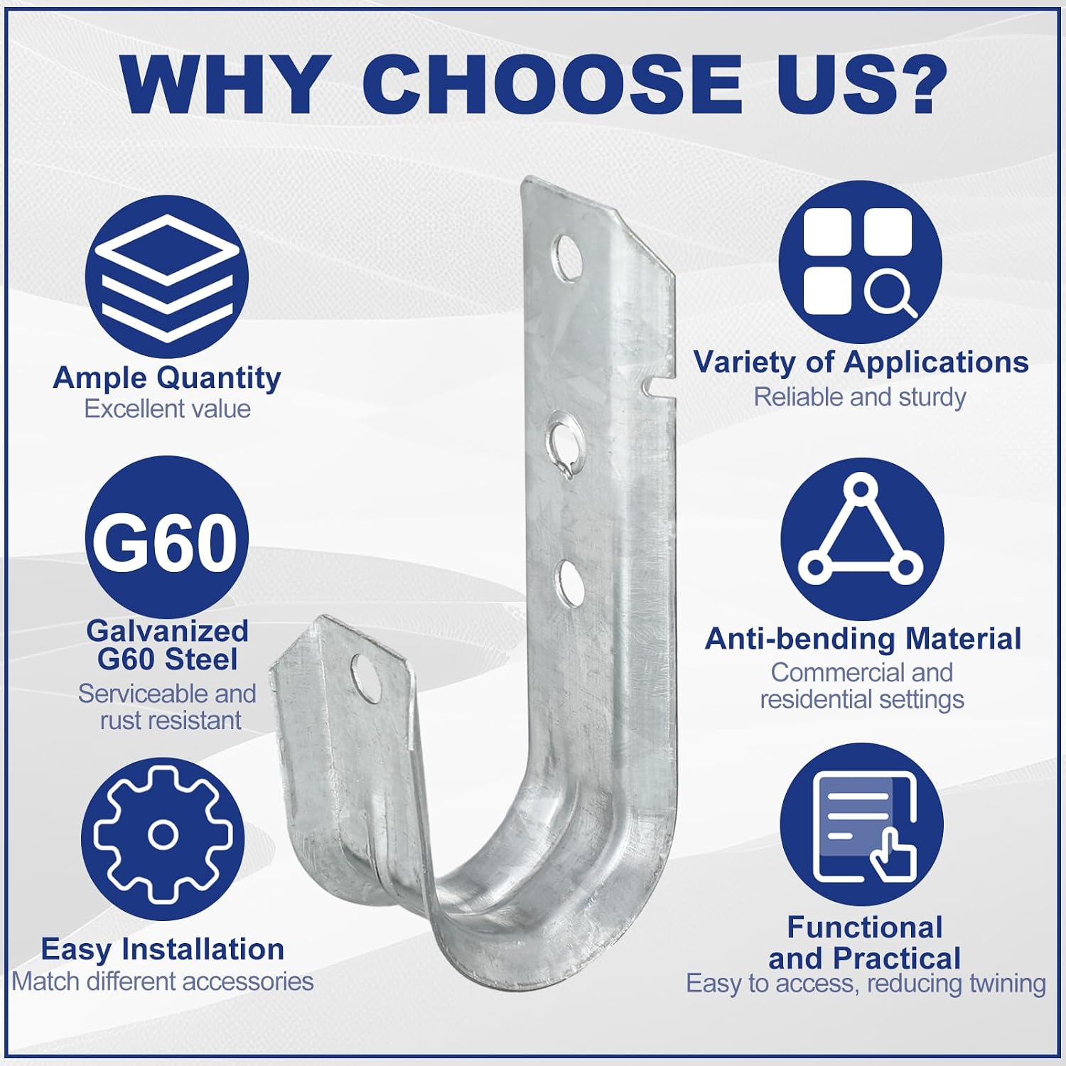 Gisafai 50 J Hooks for Hanging, Heavy Duty J Hooks, Metal Cable Hook for Wire Management, Ul Certification, G60 Galvanized Steel (1/5-16 Inch)