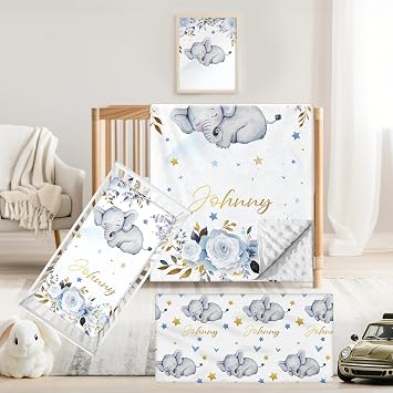 Personalized Baby Crib Bedding Set, 3 PCs Custom Name Baby Crib Set for Toddlers Infants, Double Layer Nursery Bedding Sets, Blue Elephant Bedding Crib Sets for Baby Girls Boys Customized Gifts