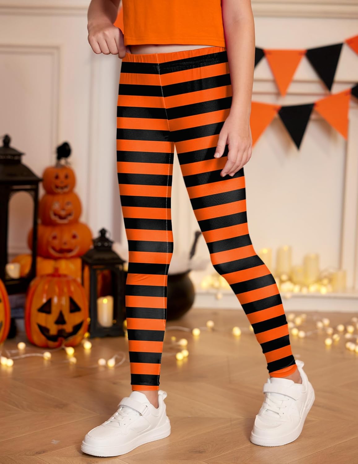 Girls Halloween Party Skinny Leggings Cute Printed Tights Orange & Black Stipes 11-12 Years - Image 2