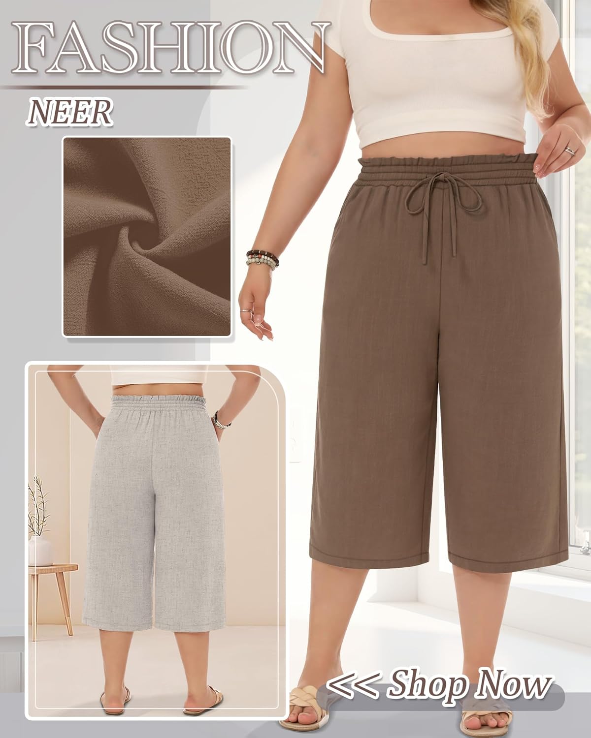 Neer 2 Pack Women's Plus Size Linen Capris Wide Leg High Waisted Drawstring Cropped Pants Beach Pants with Pockets - Image 7