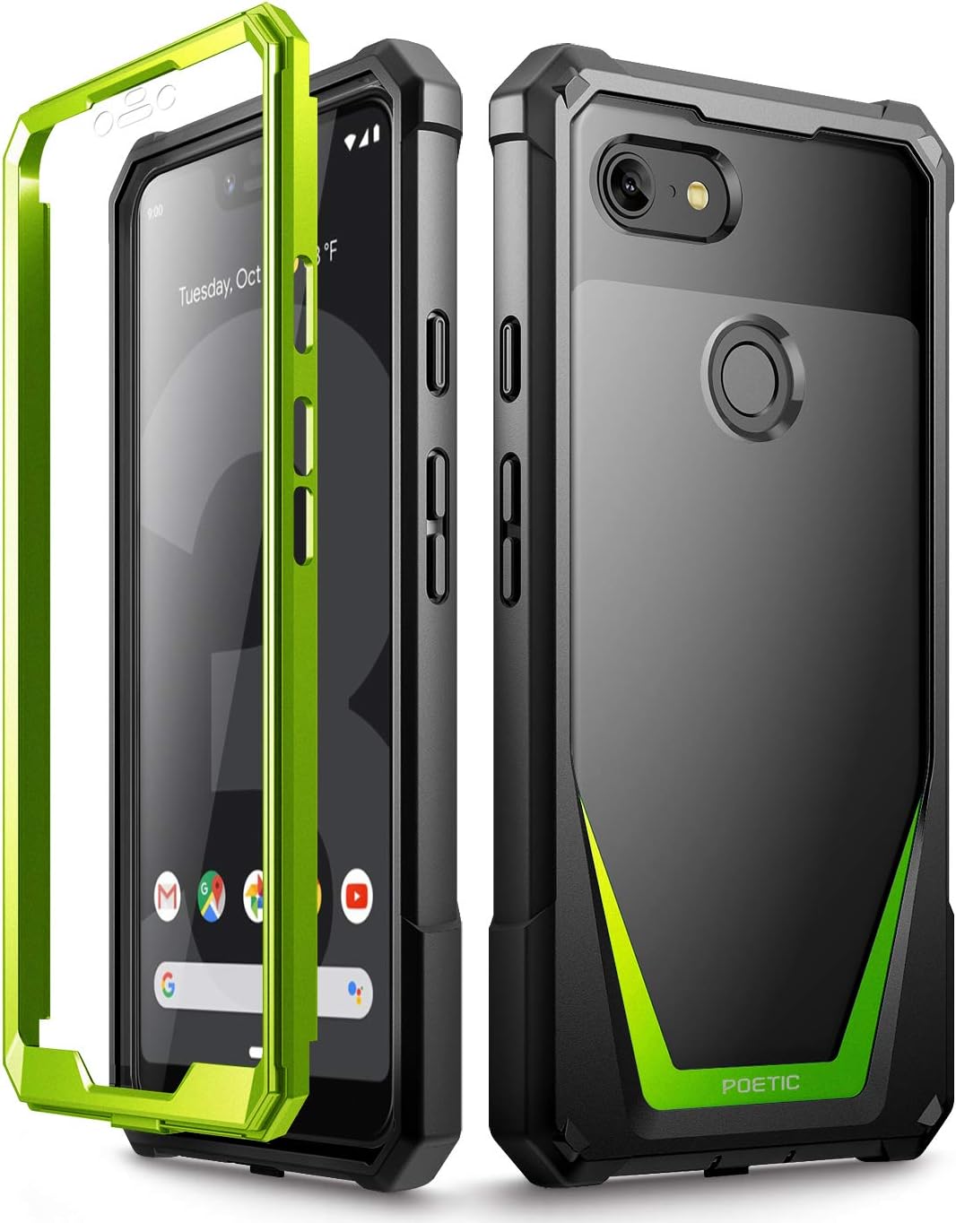 Poetic Google Pixel 3 XL Case, Guardian [Scratch Resistant Back] Full-Body Rugged Clear Hybrid Bumper Case with Built-in-Screen Protector for Google Pixel 3 XL Green