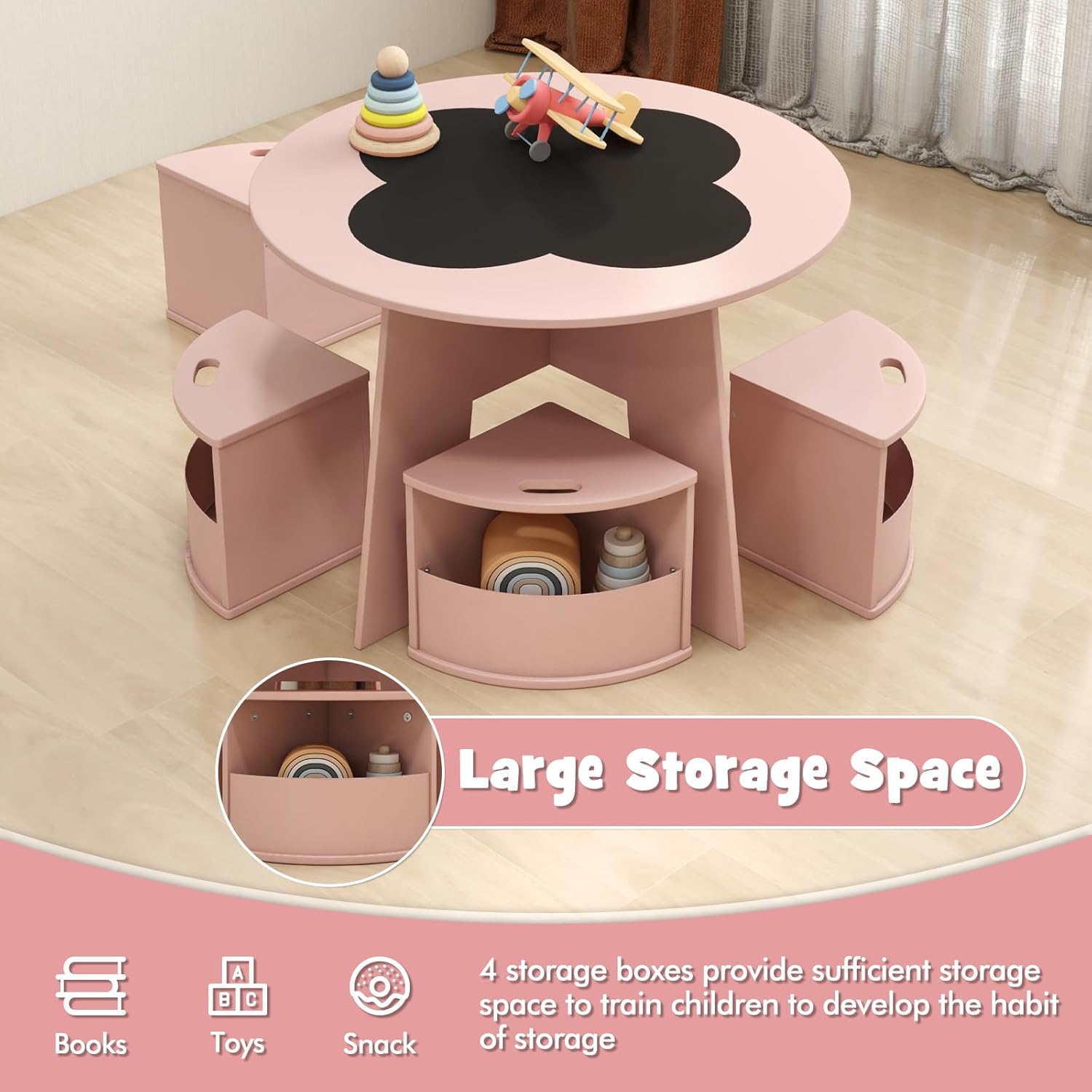 INFANS Toddler Table and Chair Set with 4 Storage Stools, Wooden Flower Shaped Nesting Table with Blackboard Drawers, Children Multi-Activity Table for Art Crafts Draw Read Boys Girls 3+