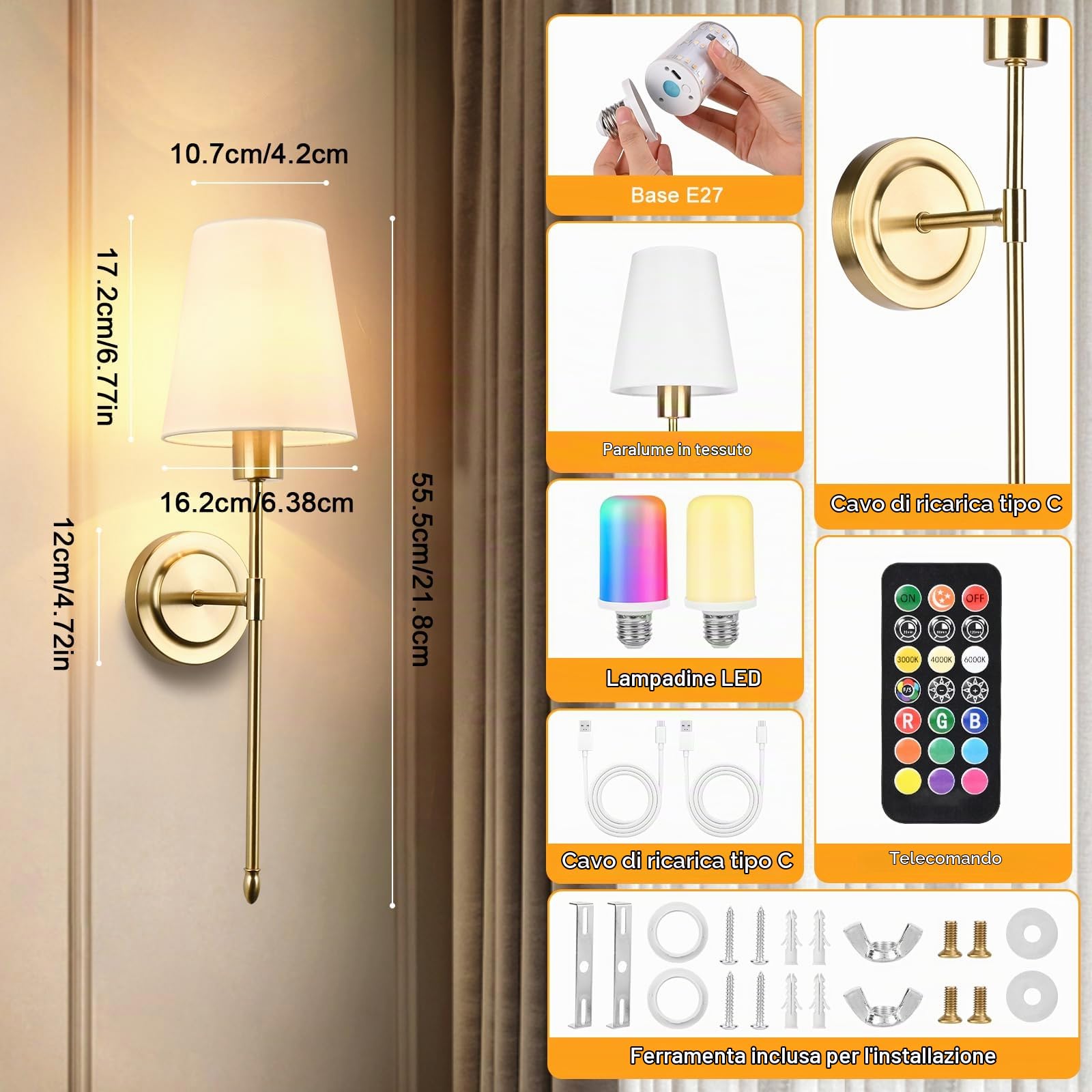 2 Pezzi Applique da Parete Interno,6000 mAH Applique Senza Fili,Lampada da Parete a batteria Ricaricabile USB,Lampada da Muro Dimmerabile con Telecomando per Camera da Letto Soggiorno Corridoio (Oro)