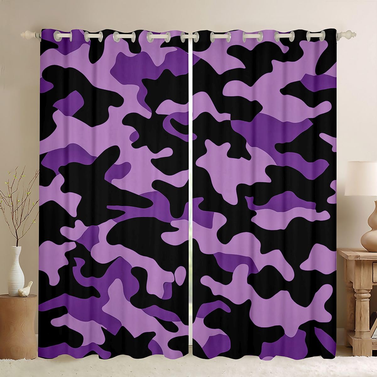 Homemissing Camouflage Blackout Curtains Camo Darkening Drapes for Bedroom Living Room Decor Purple Black Thermal Insulated Shades Military Style Window Treatments, 2 Panels W46*L72