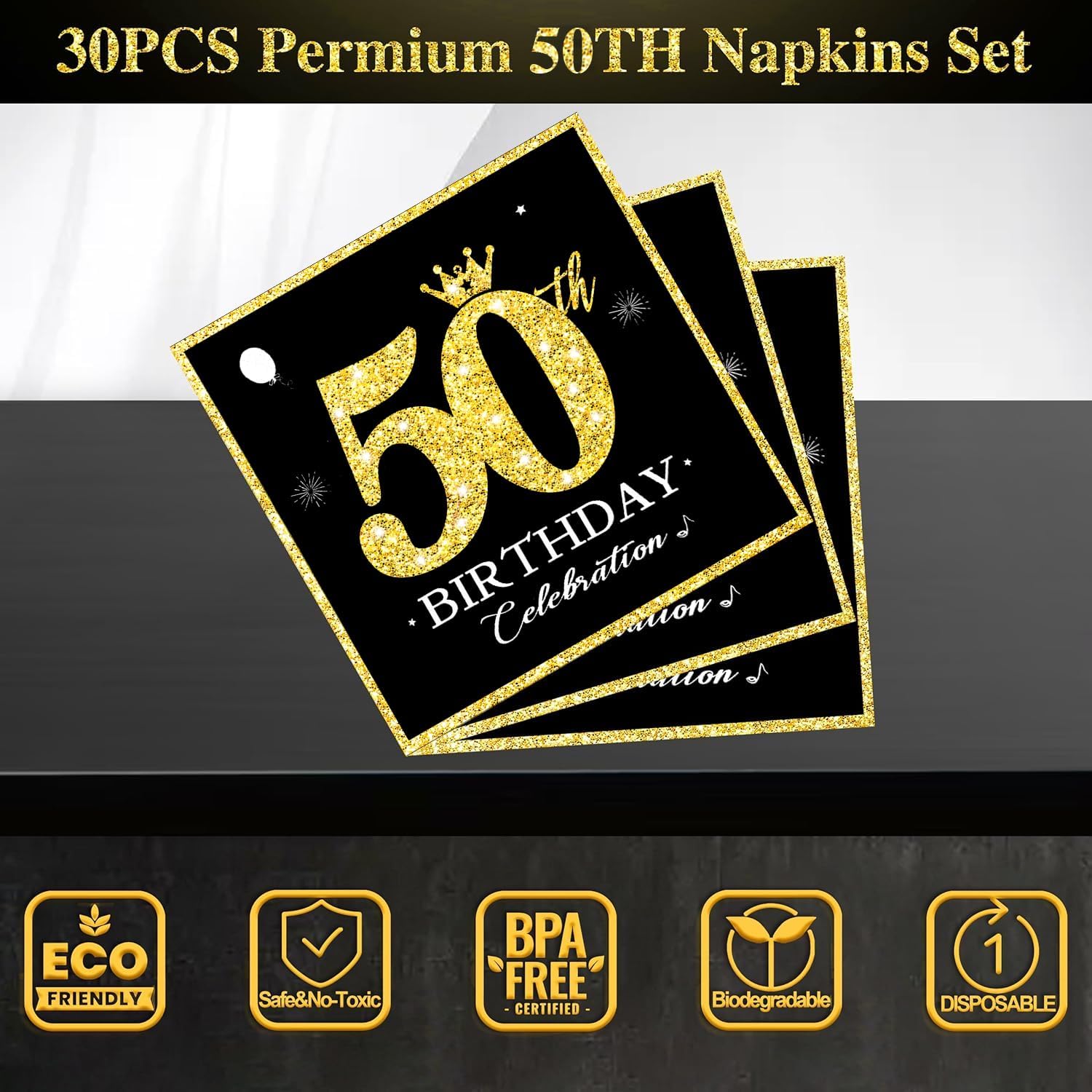 60 PCS Vintage 50th Birthday Plates and Napkins Set, 50th Birthday Decorations Black and Gold, Service for 30, 1976 Dessert Plates and Napkins Party Supplies for Men Women - Image 3