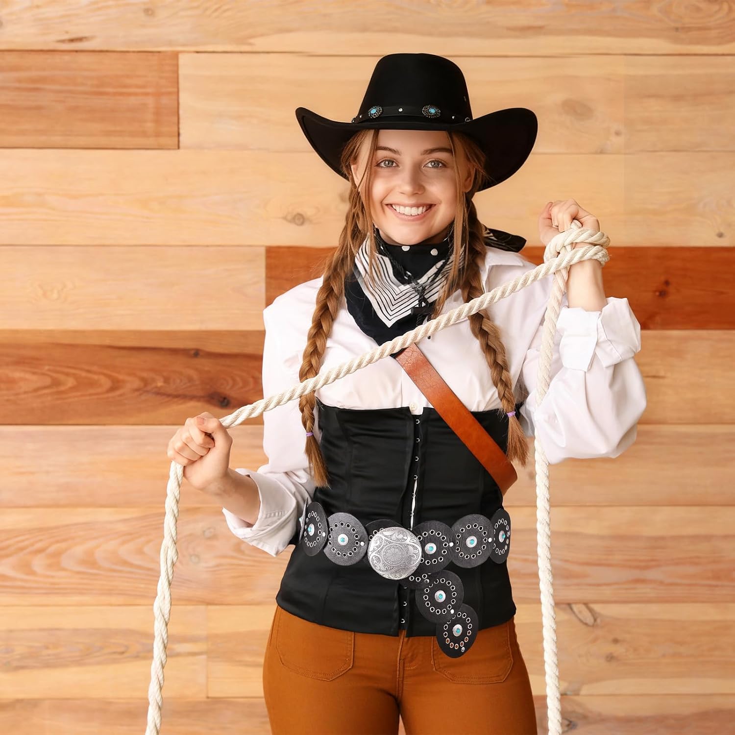 Chicingyou Western Wide Brim Hat and Cowgirl Belt Sets for Women Turquoise Vintage Boho Disc Outfit Accessories