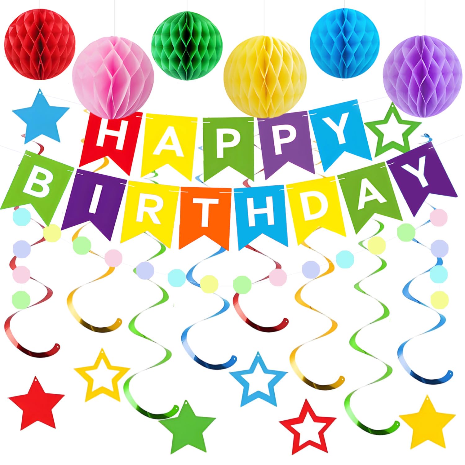 V-Kitpater Birthday Decorations, Happy Birthday Banner with Honeycomb Balls, Stars Hanging Swirl Streamers, Circle Dots Garland, Happy Birthday Party Decorations for Women Men Boys Girls (Multicolor)