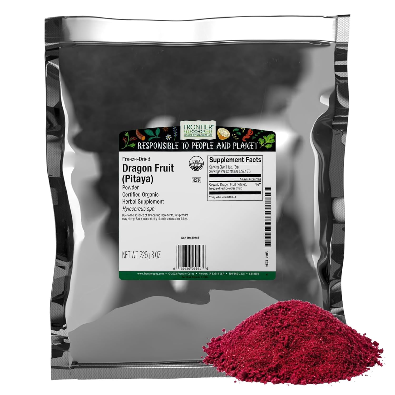 Frontier Co-op Premium, No-Sugar Added Organic Freeze Dried Dragon Fruit Powder - Natural Food Coloring - Non-GMO & Vegan-Friendly, No Additives - Acai Bowls, Smoothies | 8 Ounce (Pack of 1)