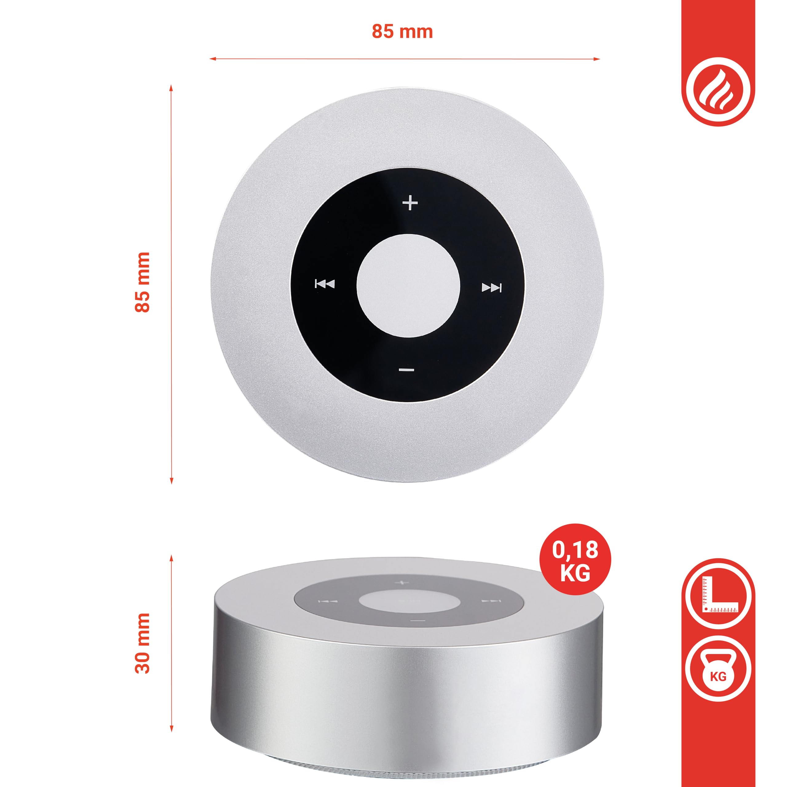 KAMINIO Głośnik z efektem trzaskania MORITZ - Mocny głośnik z dźwiękami ognia kominkowego, Bluetooth, AUX, mikrofonem, akumulatorem - Srebrny