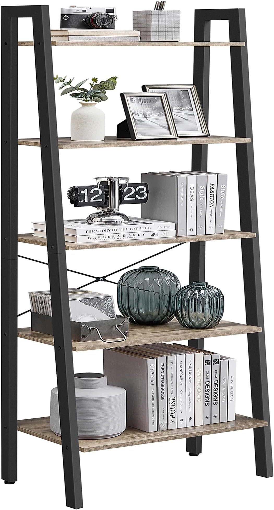 Ladder Shelf, 5-Tier Bookshelf, Storage Rack, Bookcase with Steel Frame, for Living Room, Home Office, Kitchen, Bedroom, Industrial Style, Camel Brown and Black ULLS045B50