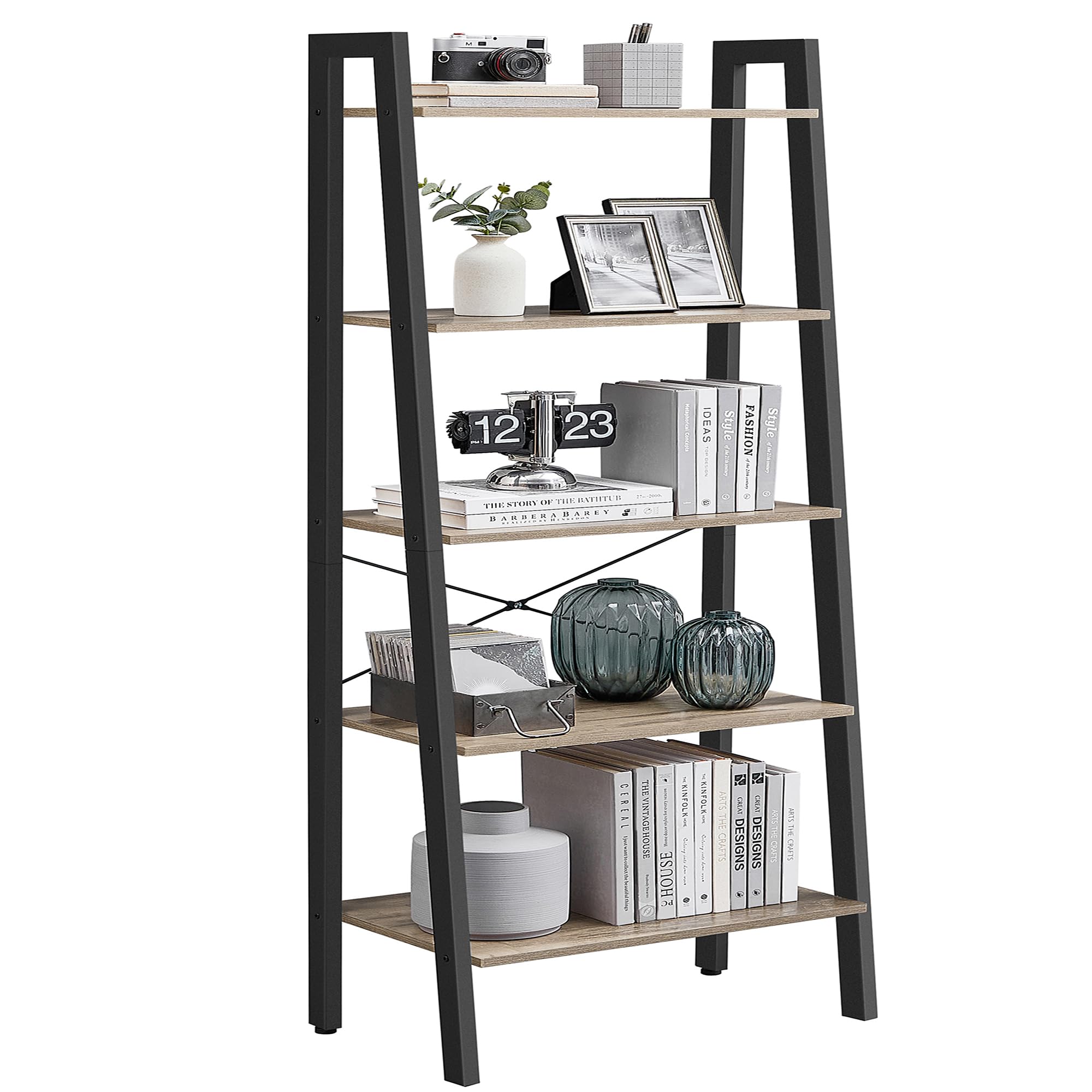 VASAGLE Ladder Shelf, 5-Tier Bookshelf, Storage Rack, Bookcase with Steel Frame, for Living Room, Home Office, Kitchen, Bedroom, Industrial Style, Camel Brown and Ink Black ULLS045B50